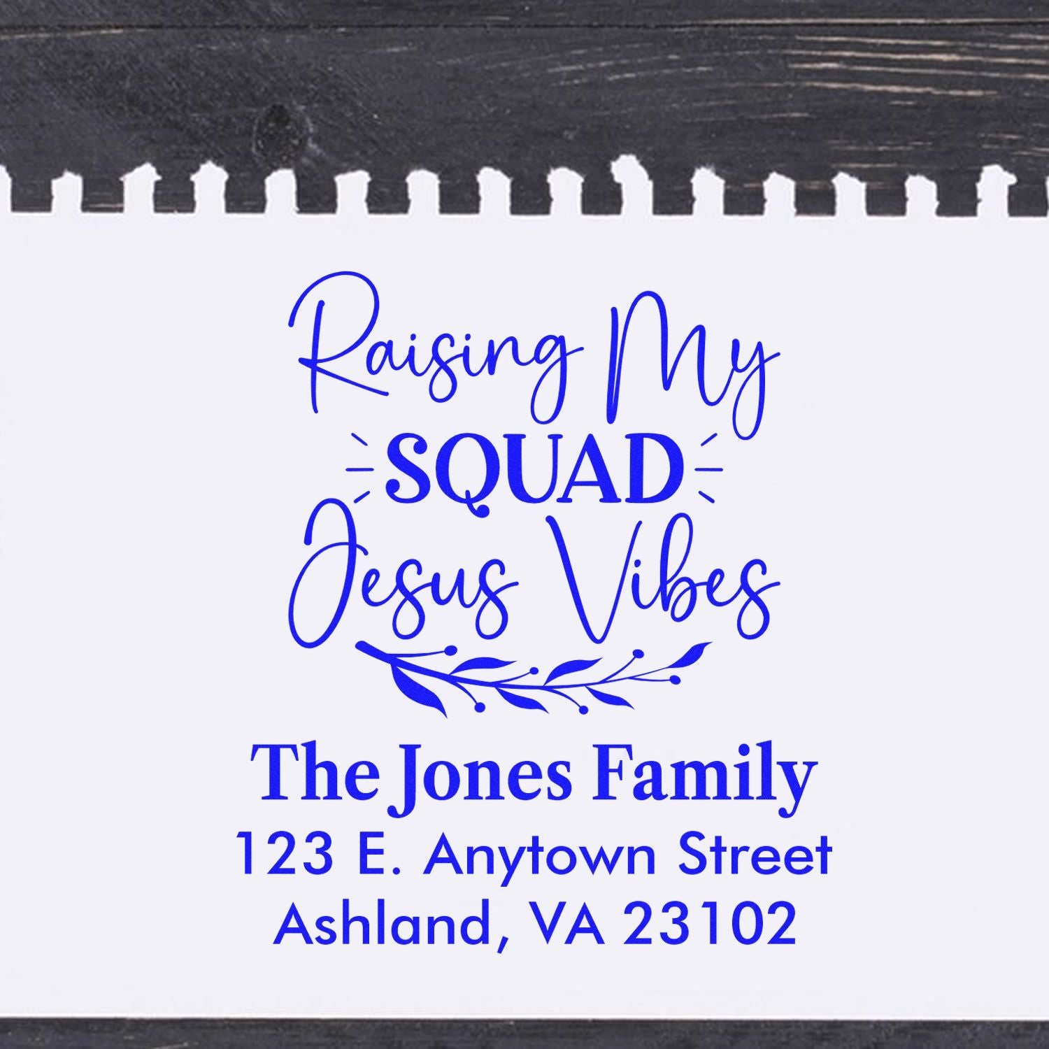 Personalized Christian return address rubber stamp with Raising My Squad Jesus Vibes and The Jones Family address.