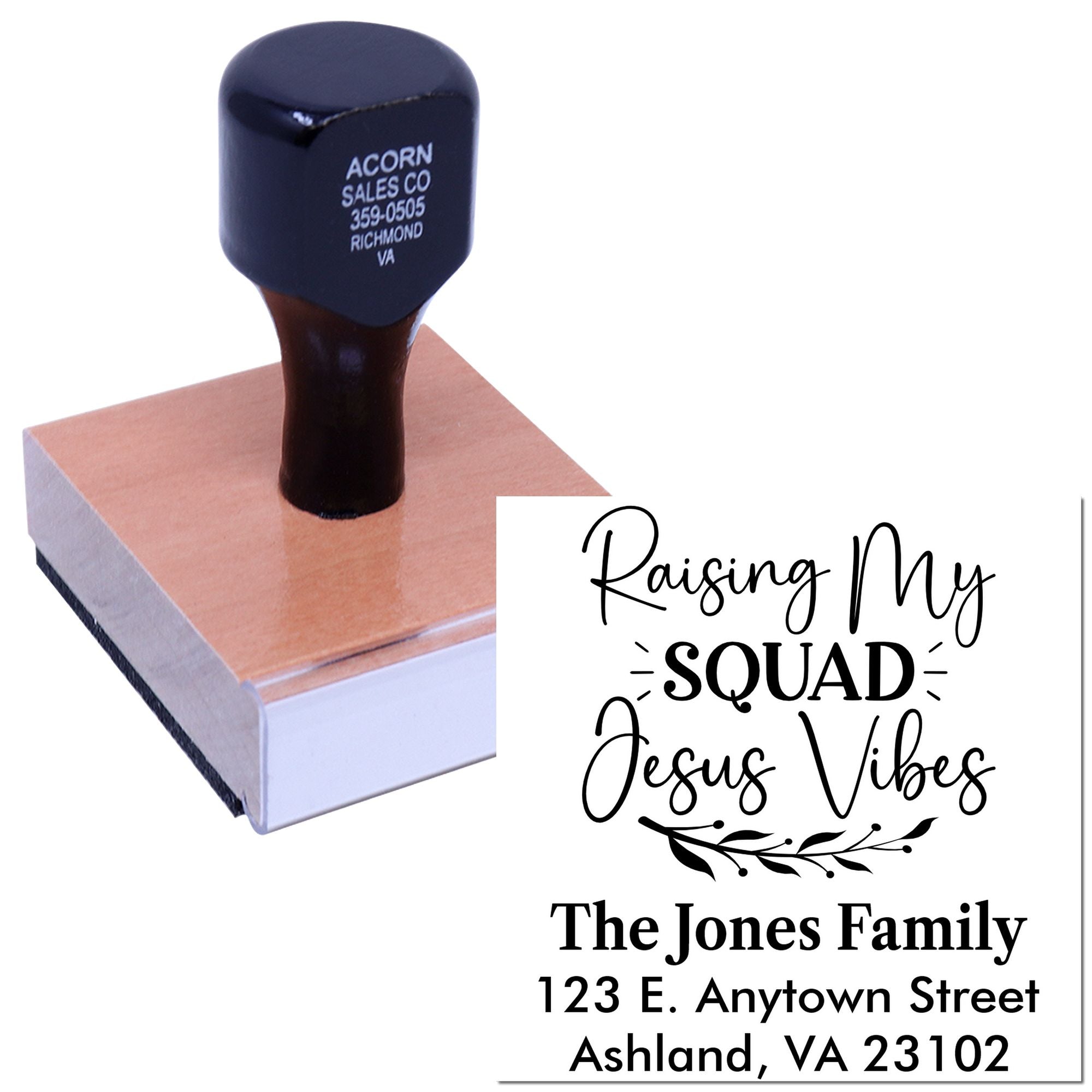 Custom self-inking rubber stamp with personalized family address and faith-based design for envelopes, cards, and church mailings.