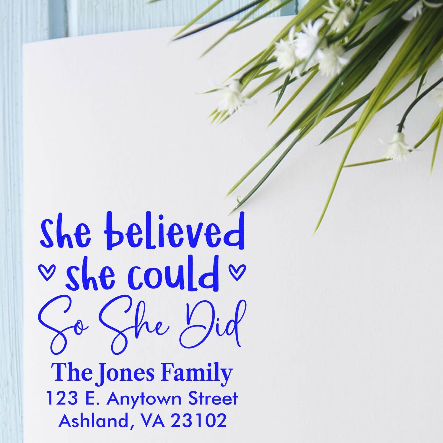 Personalized rubber stamp with inspirational quote and family return address for The Jones Family.