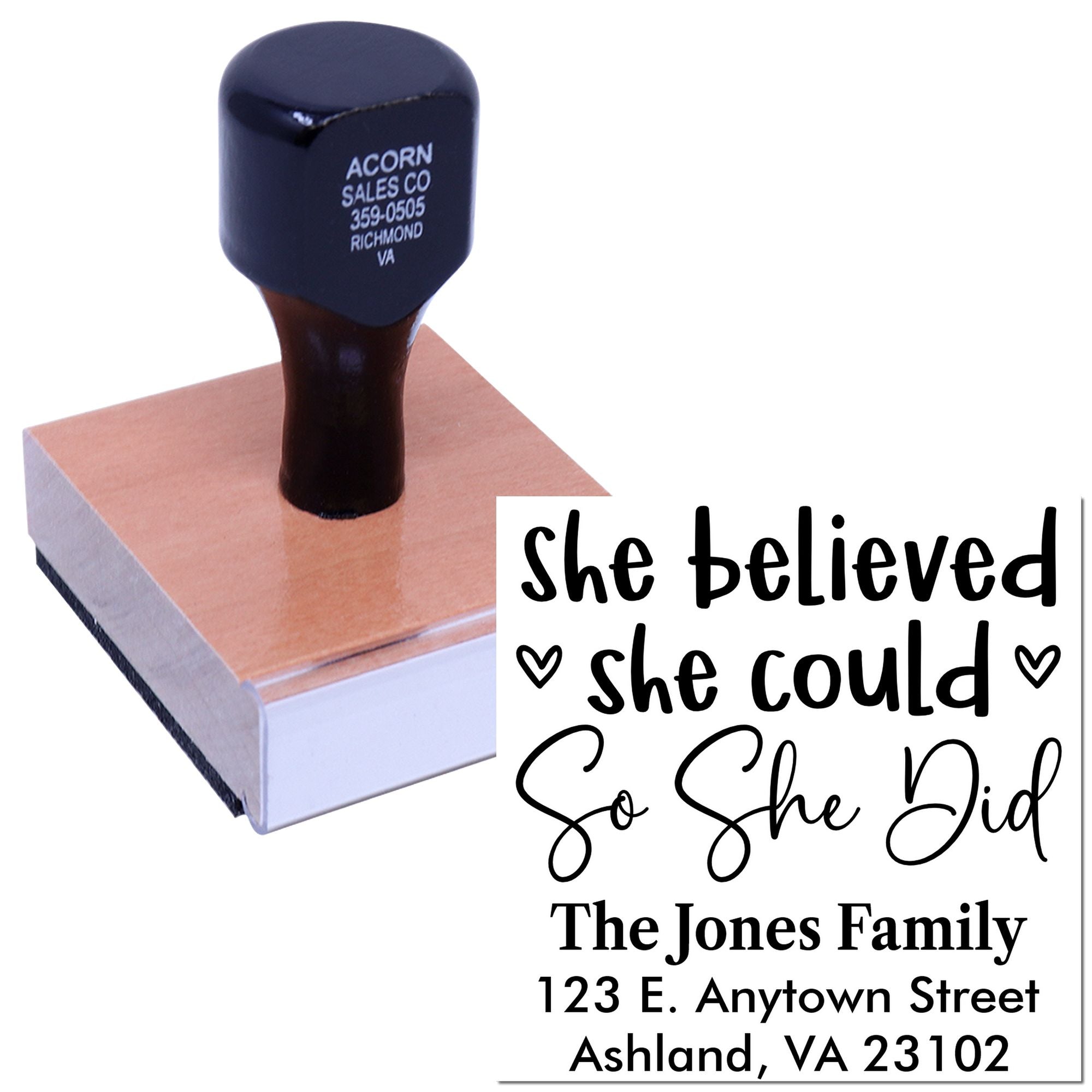 Personalized custom rubber stamp with inspirational quote She believed she could so she did and family address for mailing.
