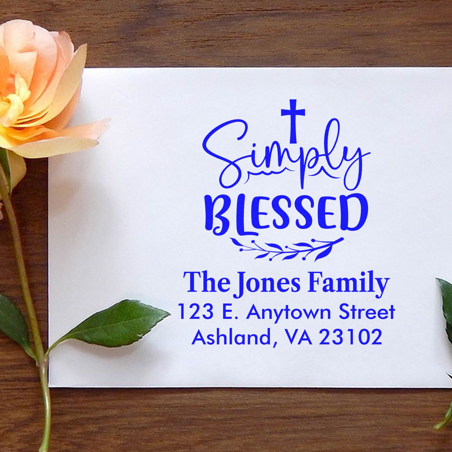 Custom Simply Blessed return address rubber stamp with cross and family name for Christian stationery.
