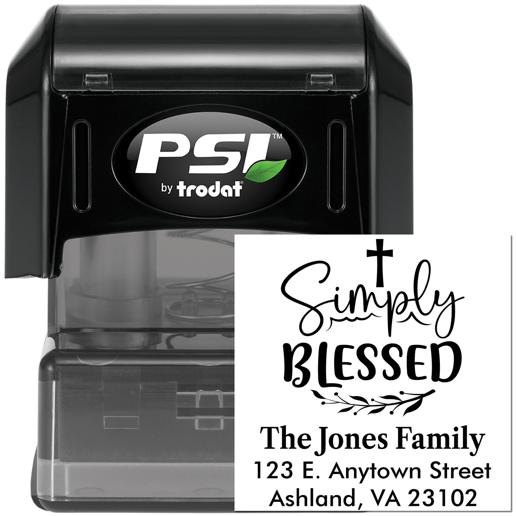 PSI by Trodat self-inking rubber stamp with custom Simply Blessed return address design for The Jones Family