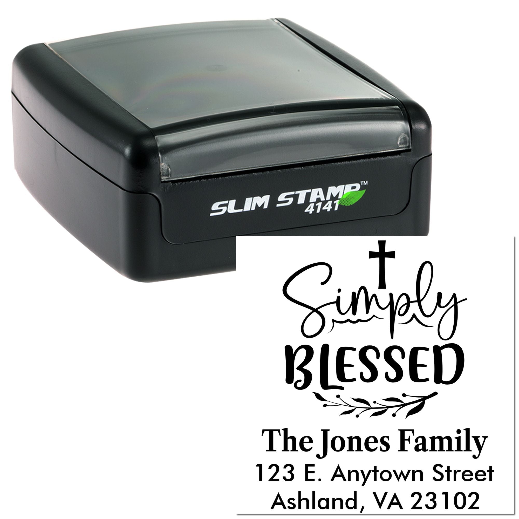 Custom Simply Blessed self-inking rubber return address stamp with Slim Stamp 4141 for family mail and faith-based crafting.