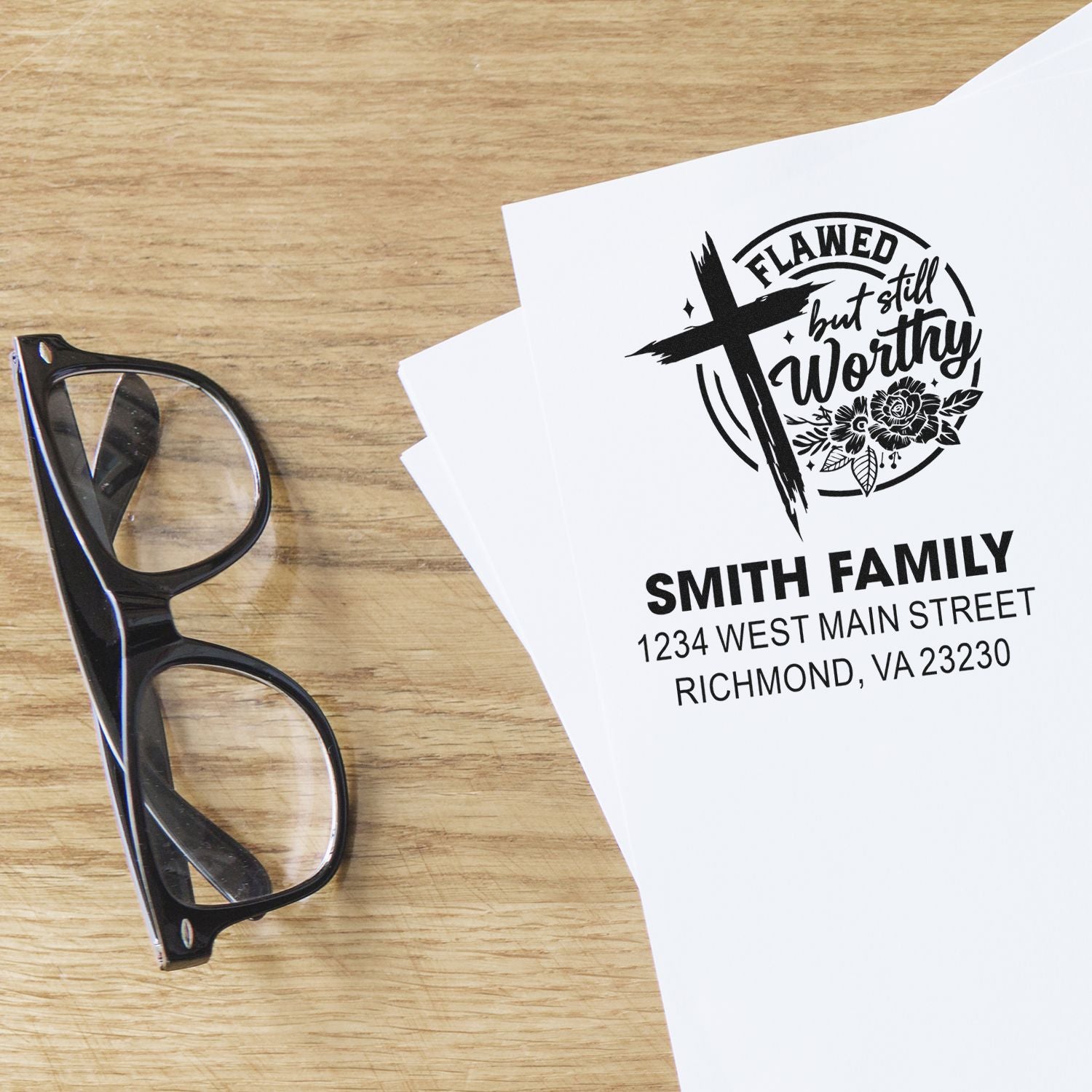 Custom rubber stamp for return address with Flawed but Still Worthy cross design, Smith Family name, and Richmond, VA address.