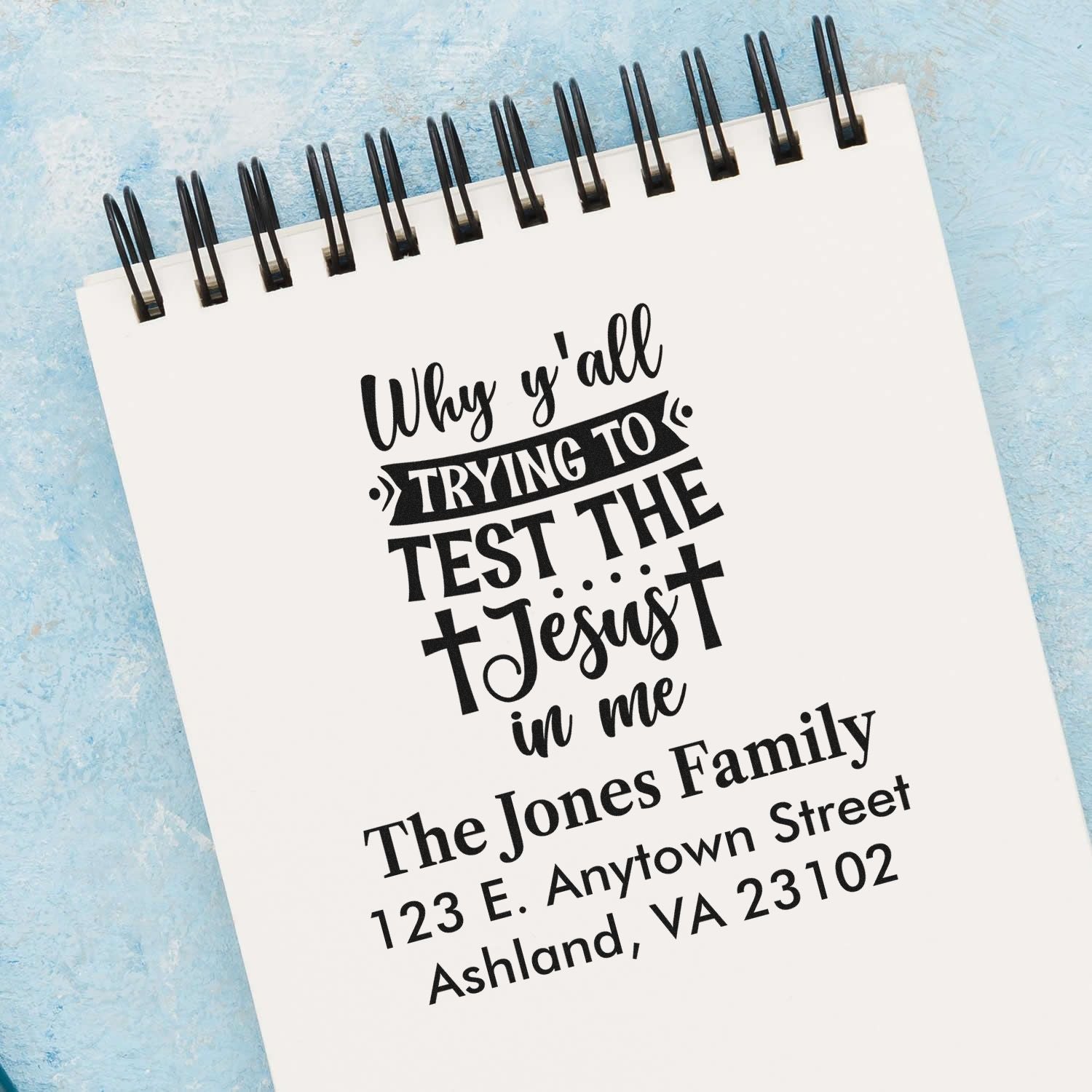 Custom rubber stamp with Christian quote and return address for The Jones Family, ideal for personalized mail and stationery.