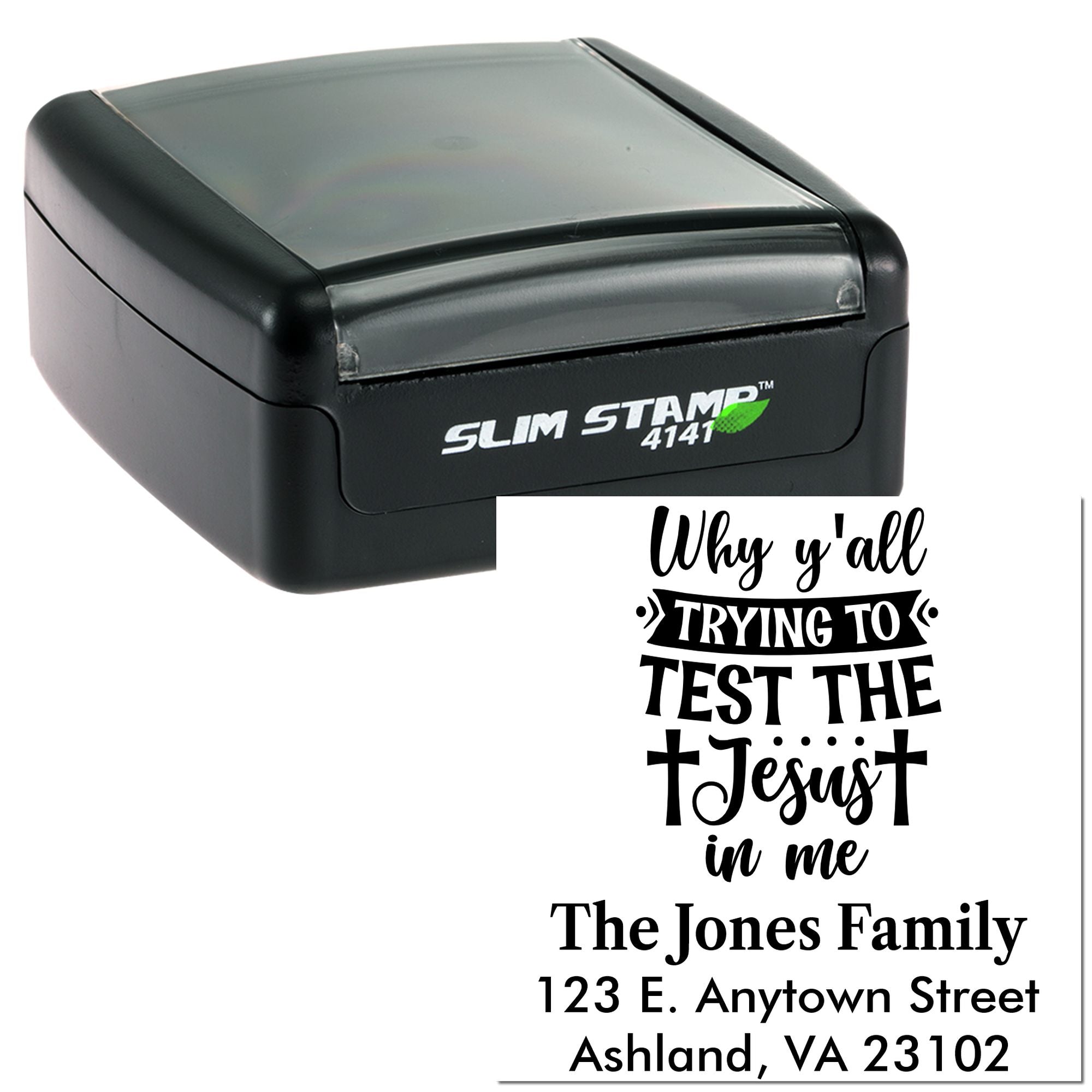 Custom self-inking rubber stamp with quote, family name, and return address for personalized mail, church gifts, or small business use.