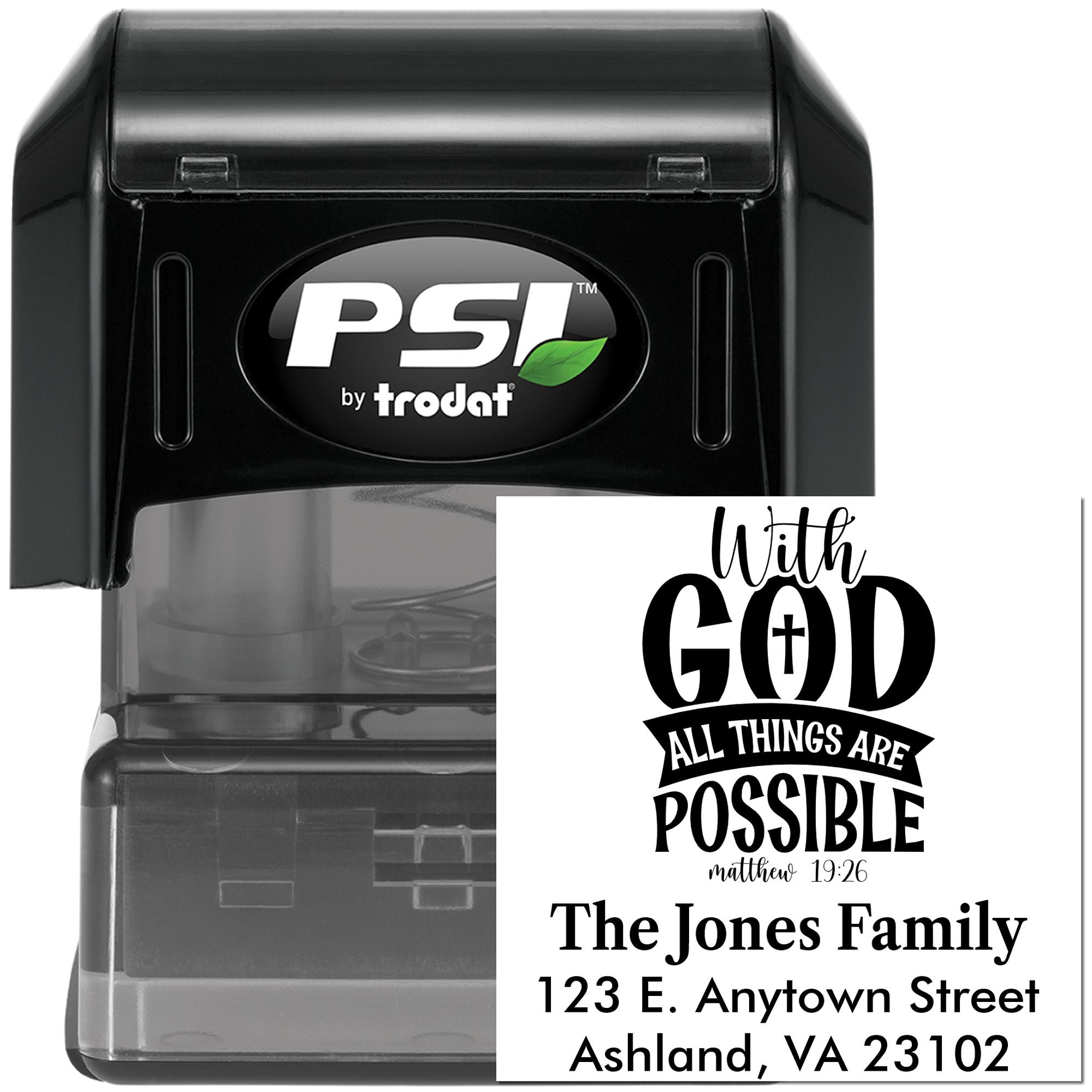 Custom self-inking rubber stamp with Christian Bible verse and return address, ideal for personalized mailings.