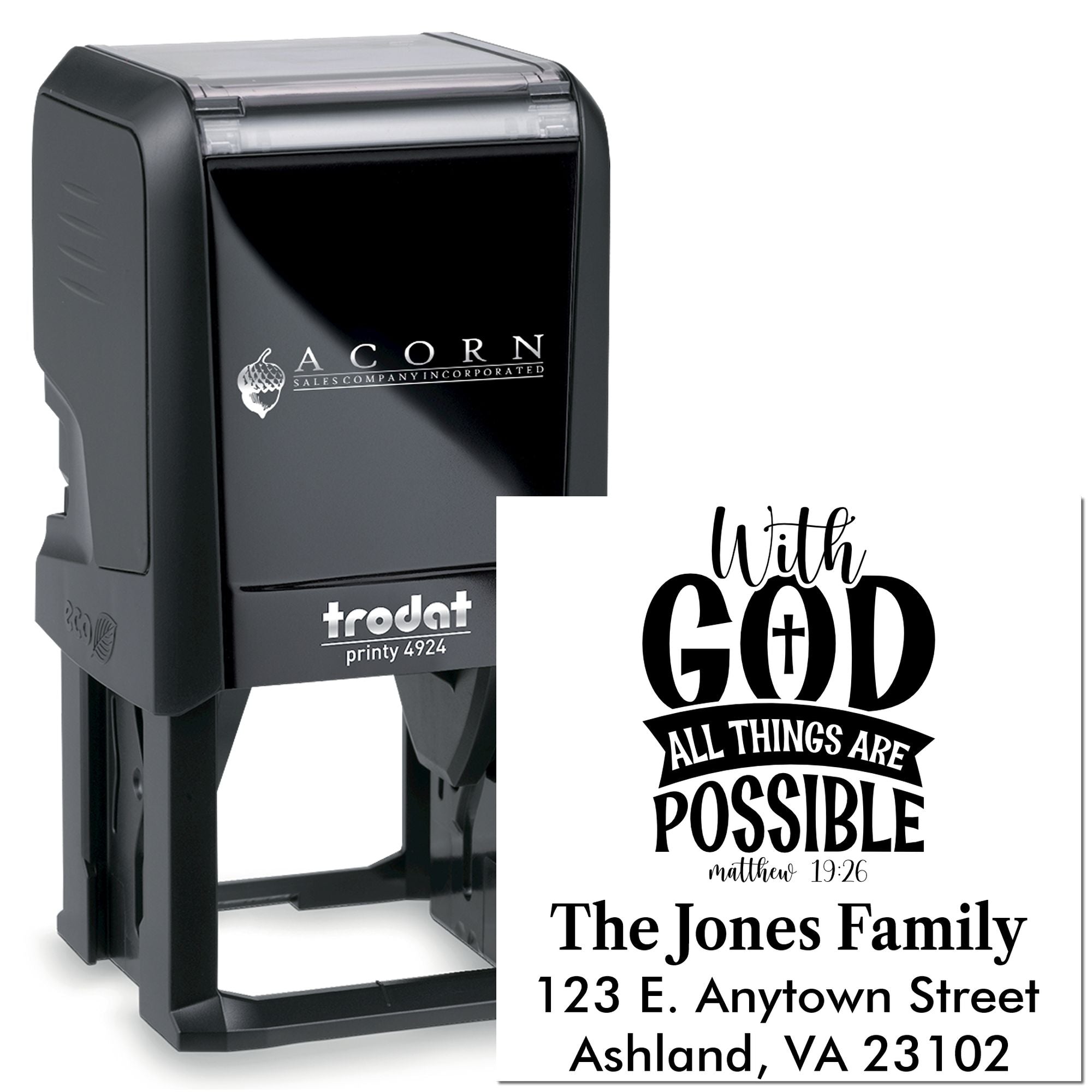 Self-inking custom address rubber stamp with Christian With God all things are possible design.
