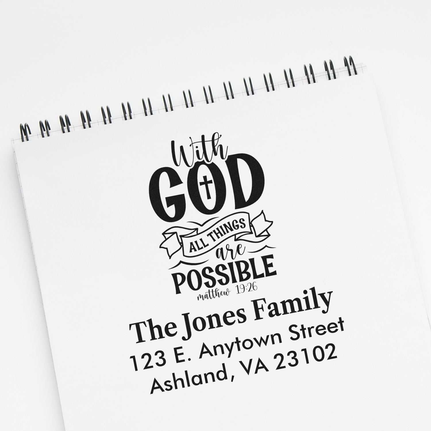 Custom rubber stamp with With God all things are possible scripture, family name, and return address for personalized mail.