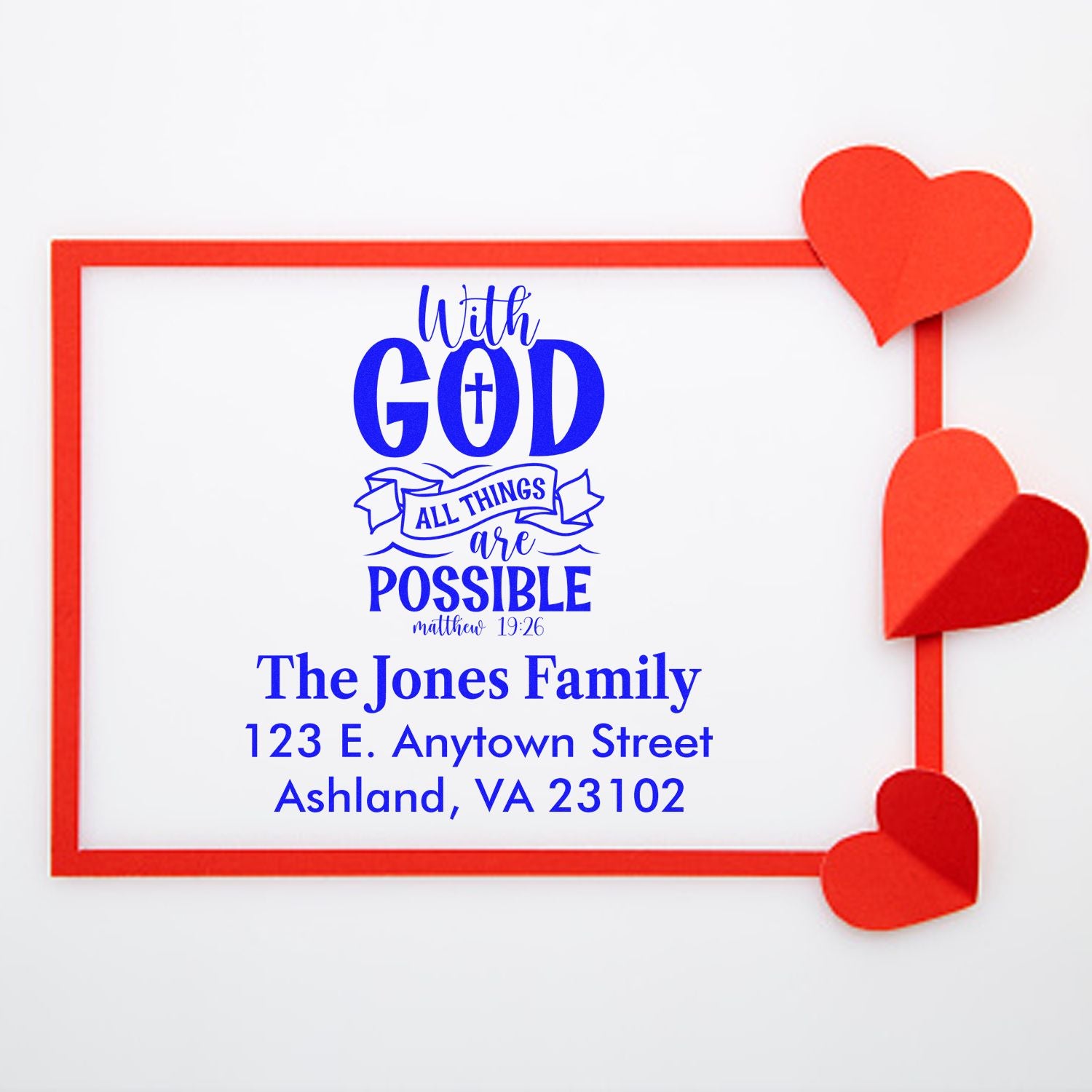 Custom Christian return address rubber stamp with Matthew 19:26 quote, family name, and address for envelopes and cards.