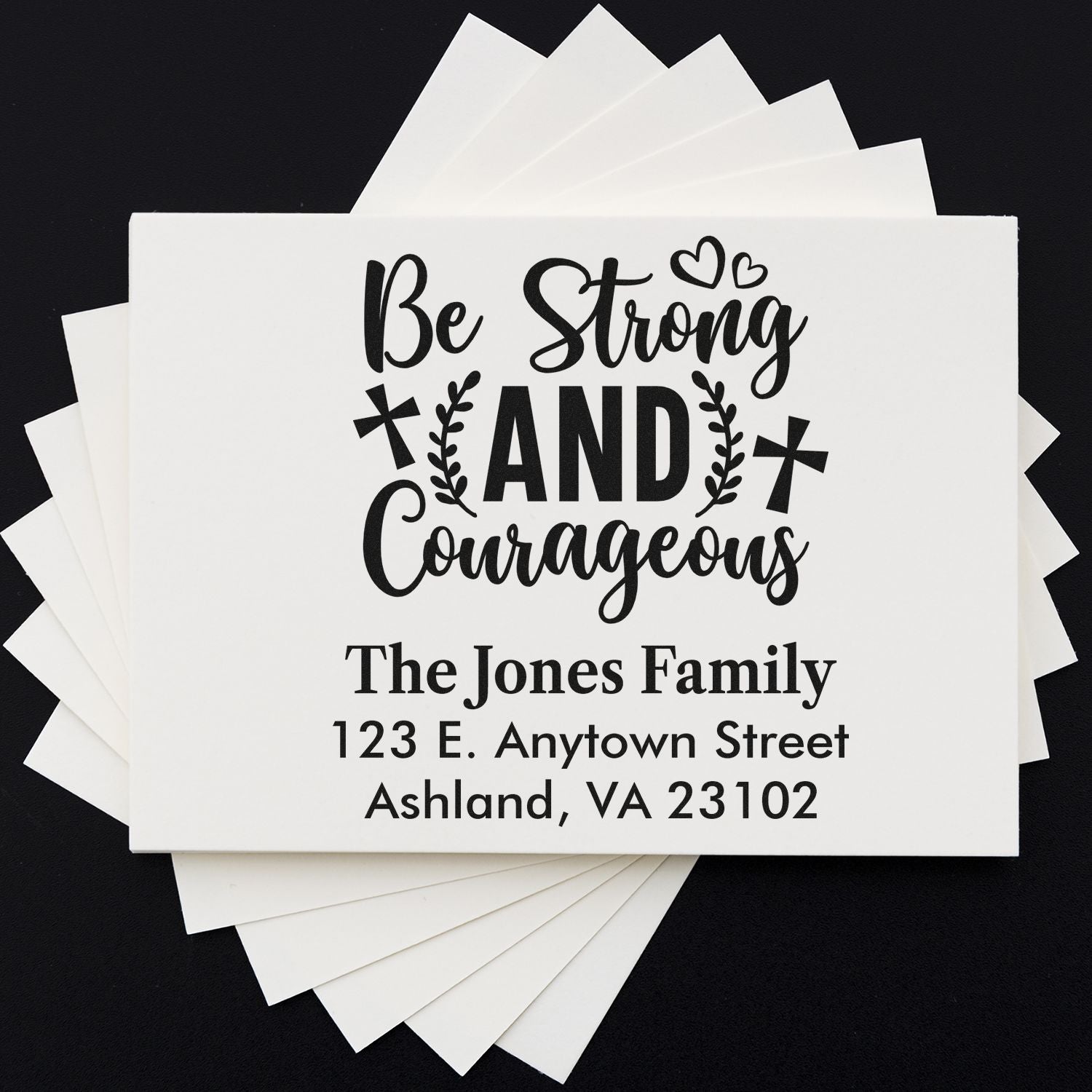 Custom return address rubber stamp with Be Strong and Courageous family name design for personalized Christian stationery.