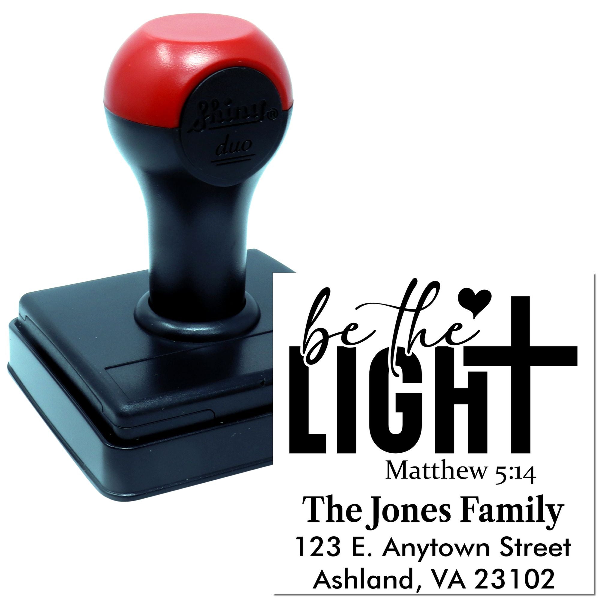 Custom self-inking rubber stamp with Be the Light Matthew 5:14, family name and address for church or home mailings.