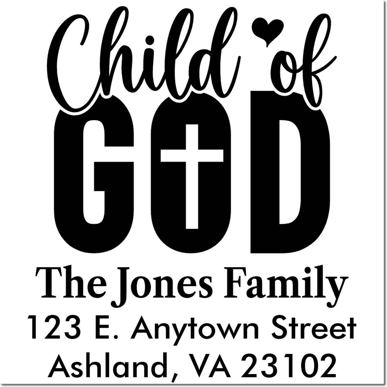 Custom Christian rubber stamp with Child of God, family name, and return address for personalized mailing and faith gifts.