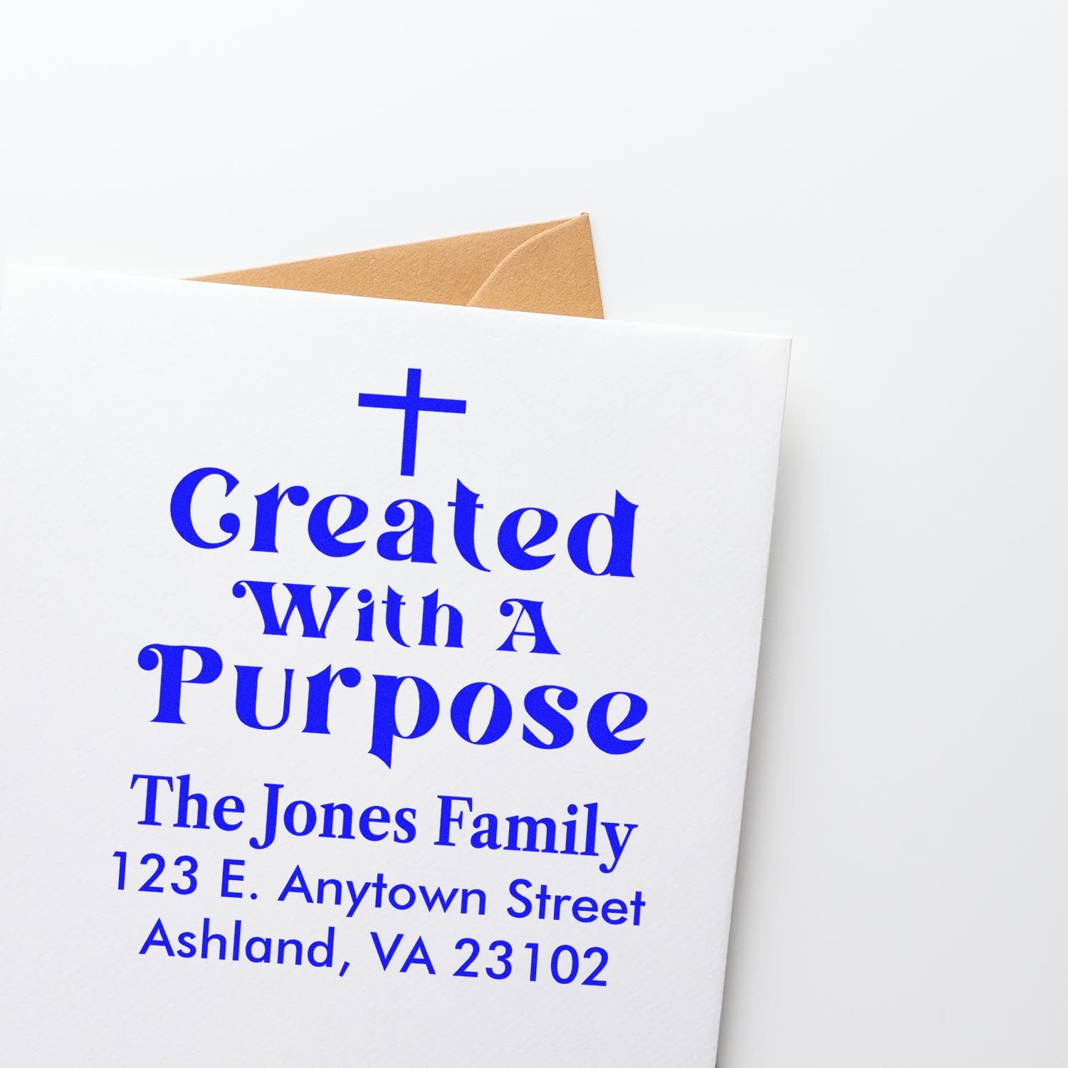 Custom Christian return address rubber stamp with cross and Created With a Purpose text for family mailing use.
