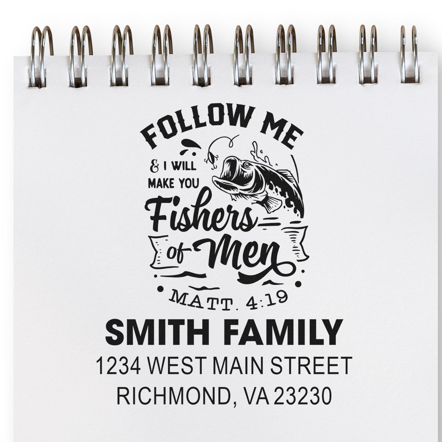 Custom Christian rubber stamp with Fishers of Men Bible verse, Smith Family name, and return address for personalized mail.