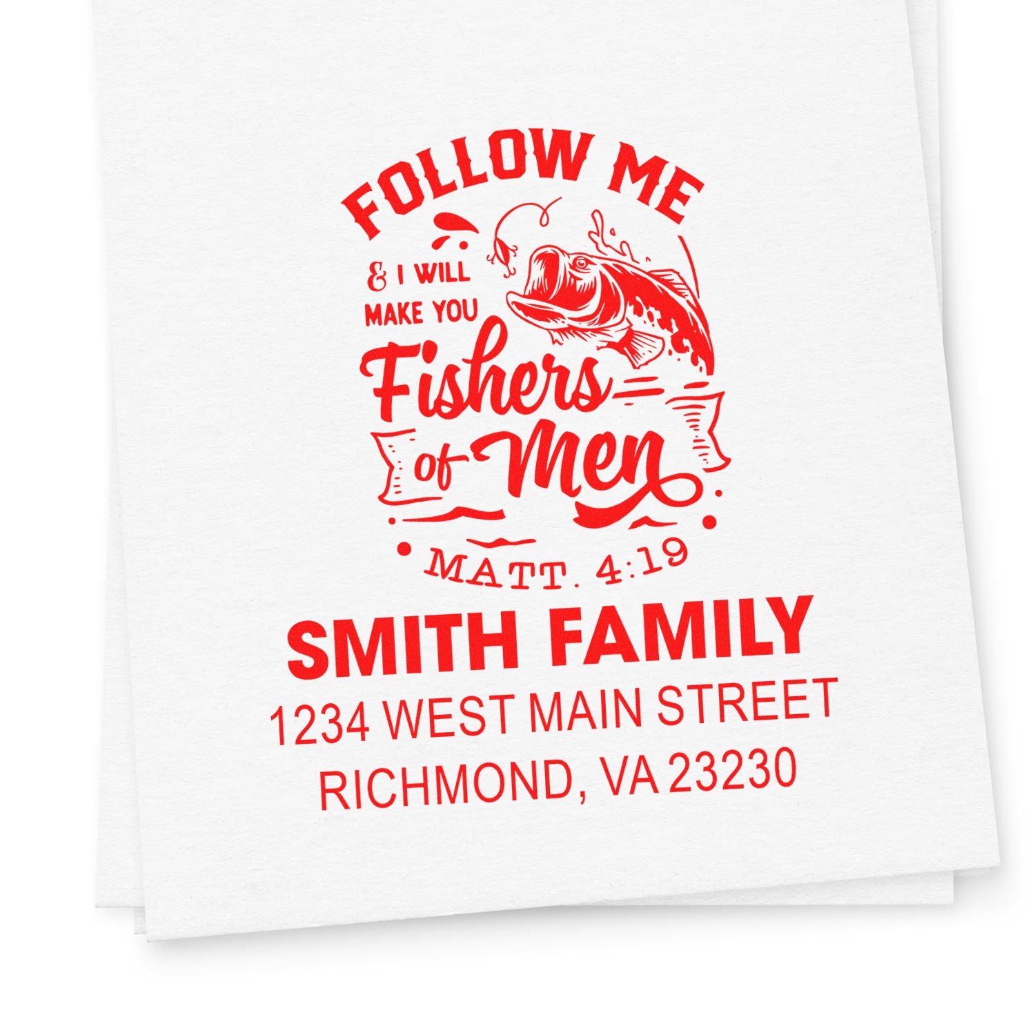 Custom religious address rubber stamp for Smith Family, featuring Follow Me & I Will Make You Fishers of Men and return address.