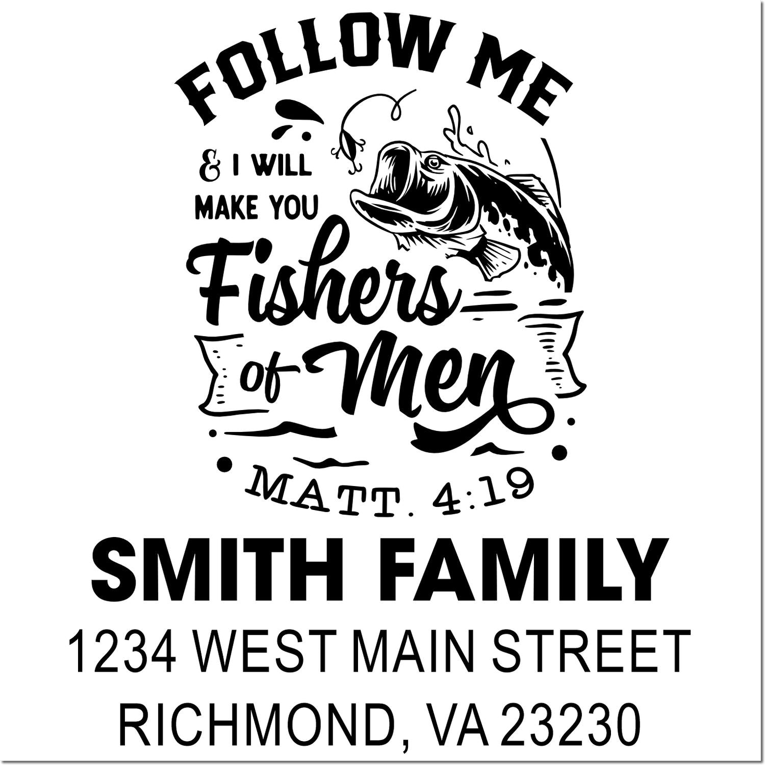 Custom Christian fishing rubber stamp with Matthew 4:19 verse, fish graphic, and Smith family return address.