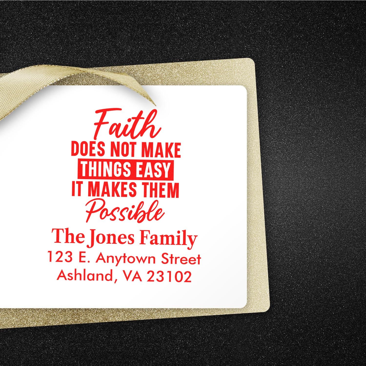 Custom faith return address rubber stamp with inspirational quote for family mailings and church correspondence.