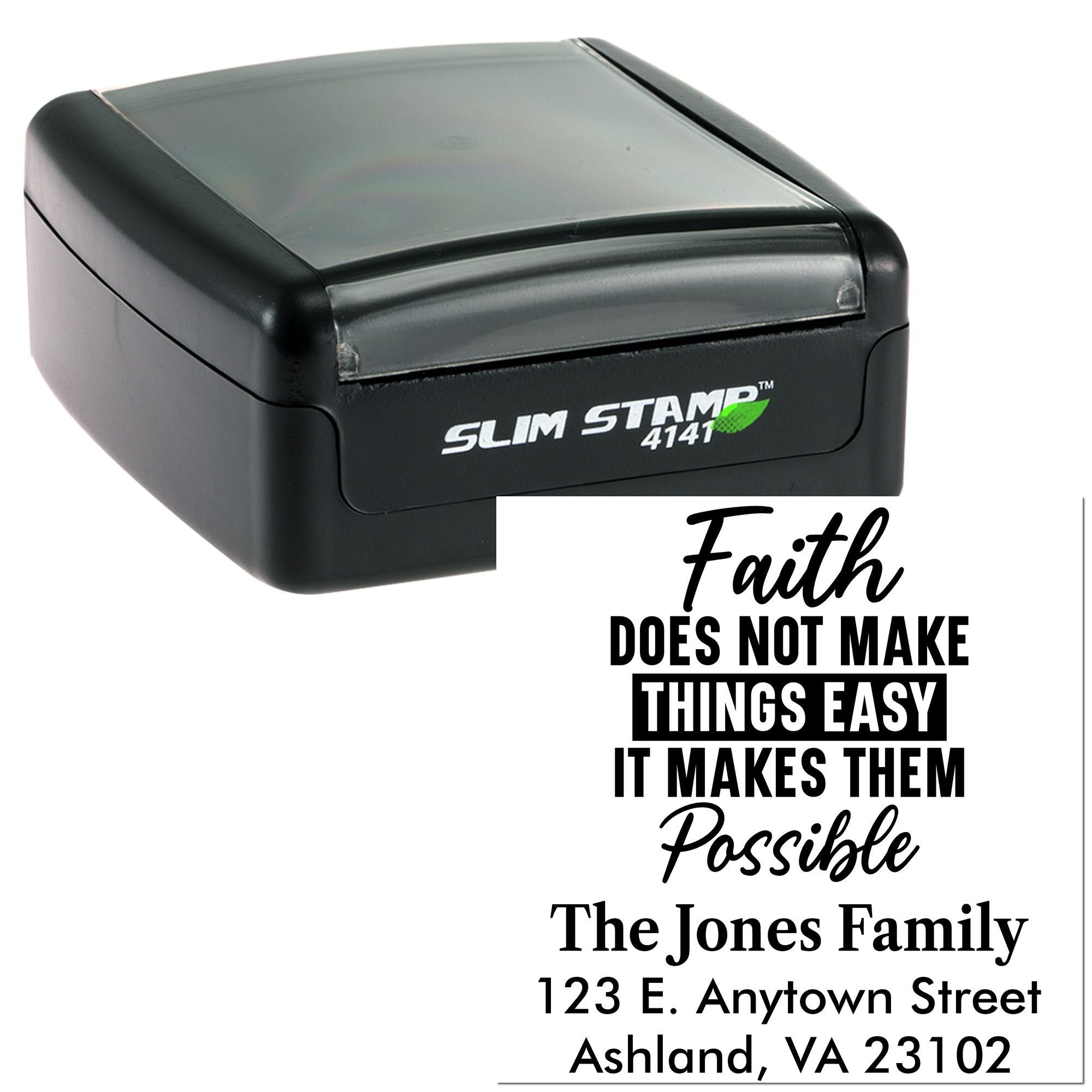 Custom self-inking rubber stamp for a faith quote and family return address, shown with Slim Stamp 4141 case.