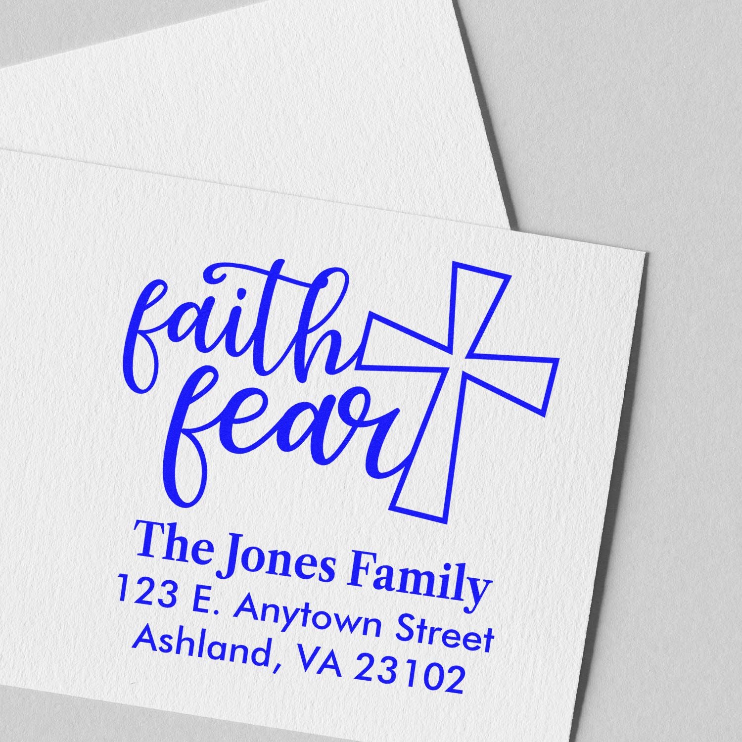 Custom faith and fear return address rubber stamp with cross design for The Jones Family in Ashland, VA.