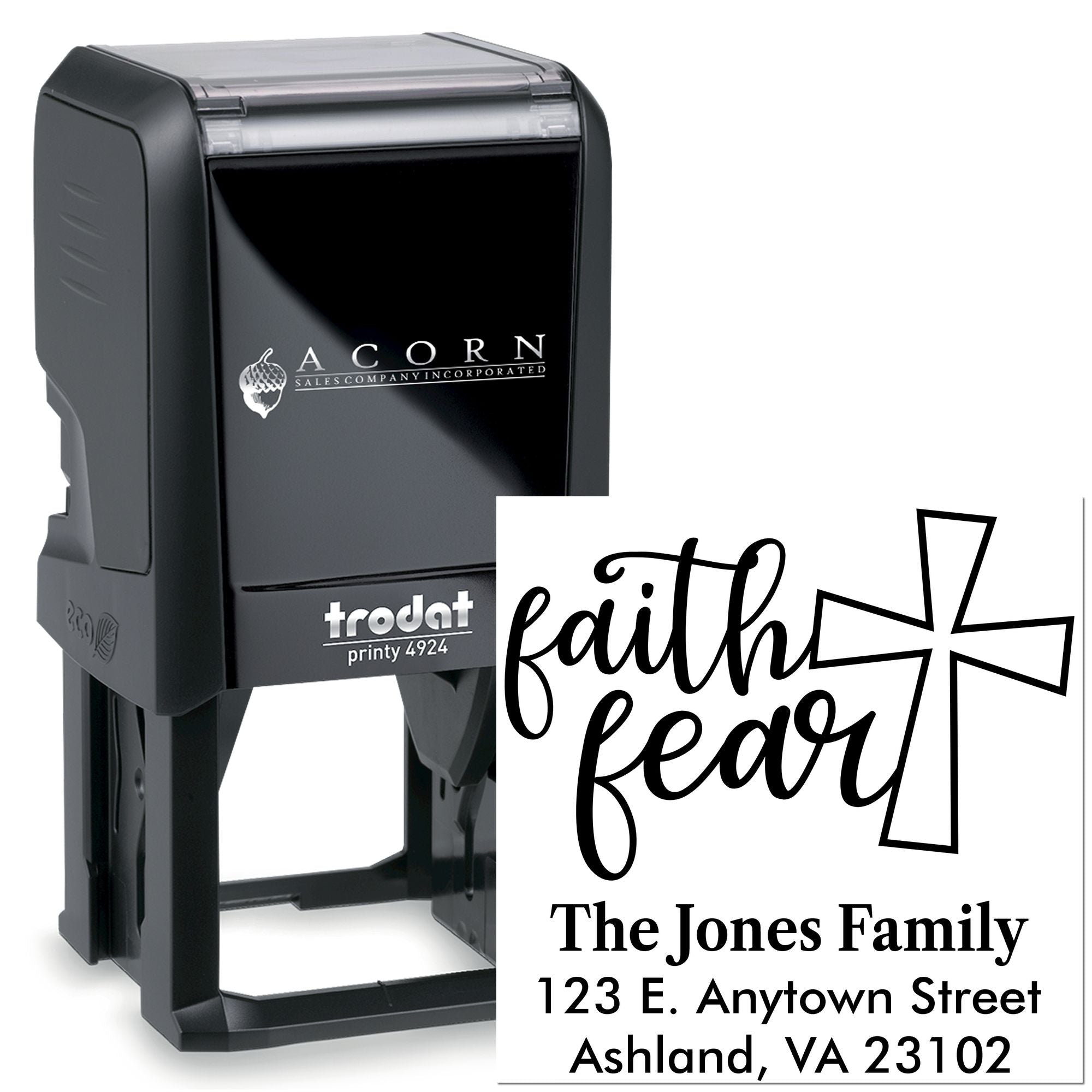 Trodat Printy 4924 custom self-inking rubber address stamp with Faith over Fear cross design.