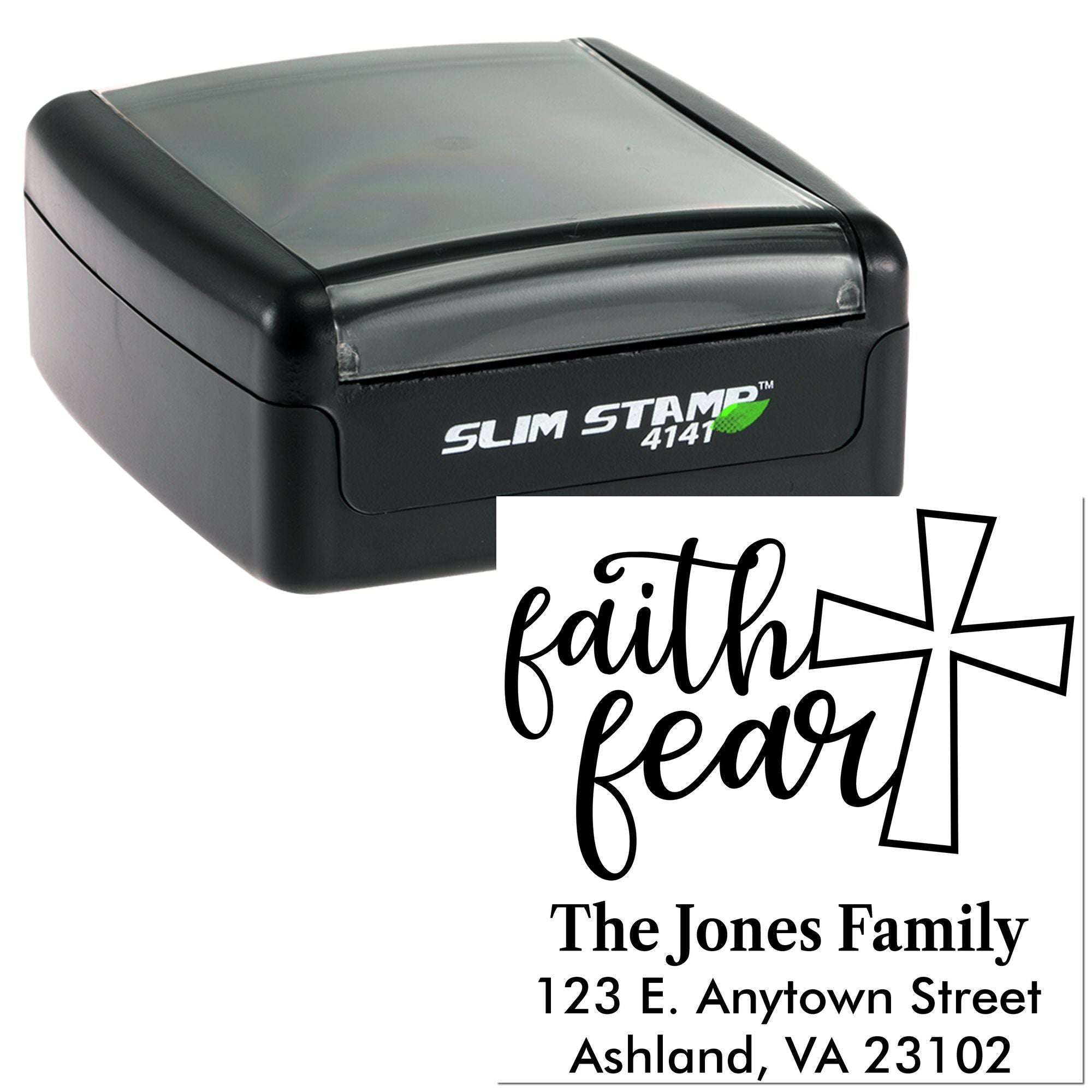 Custom rubber stamp with faith over fear cross design and family address for personalized return address envelopes.