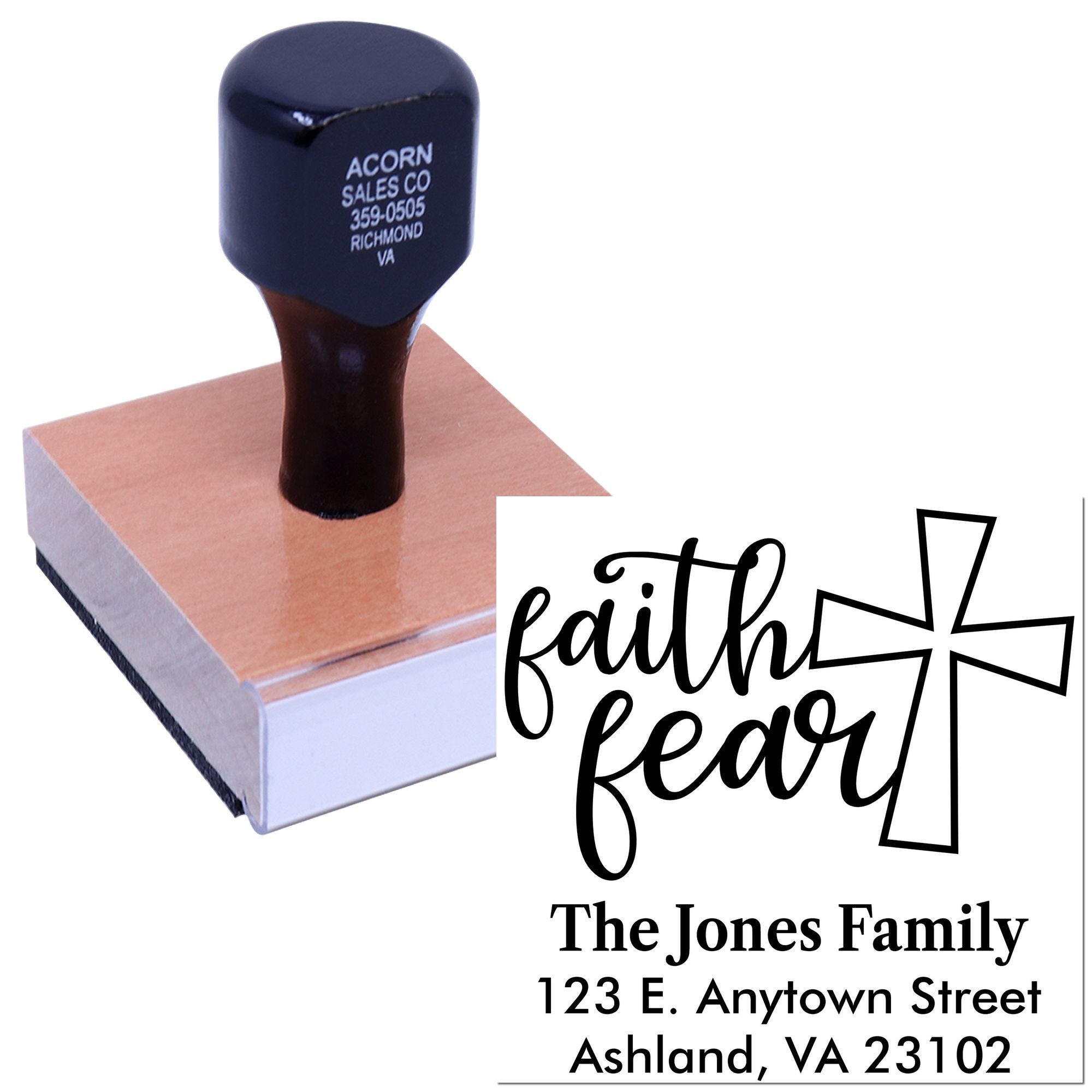 Personalized faith and family return address rubber stamp with cross design and custom name and address.
