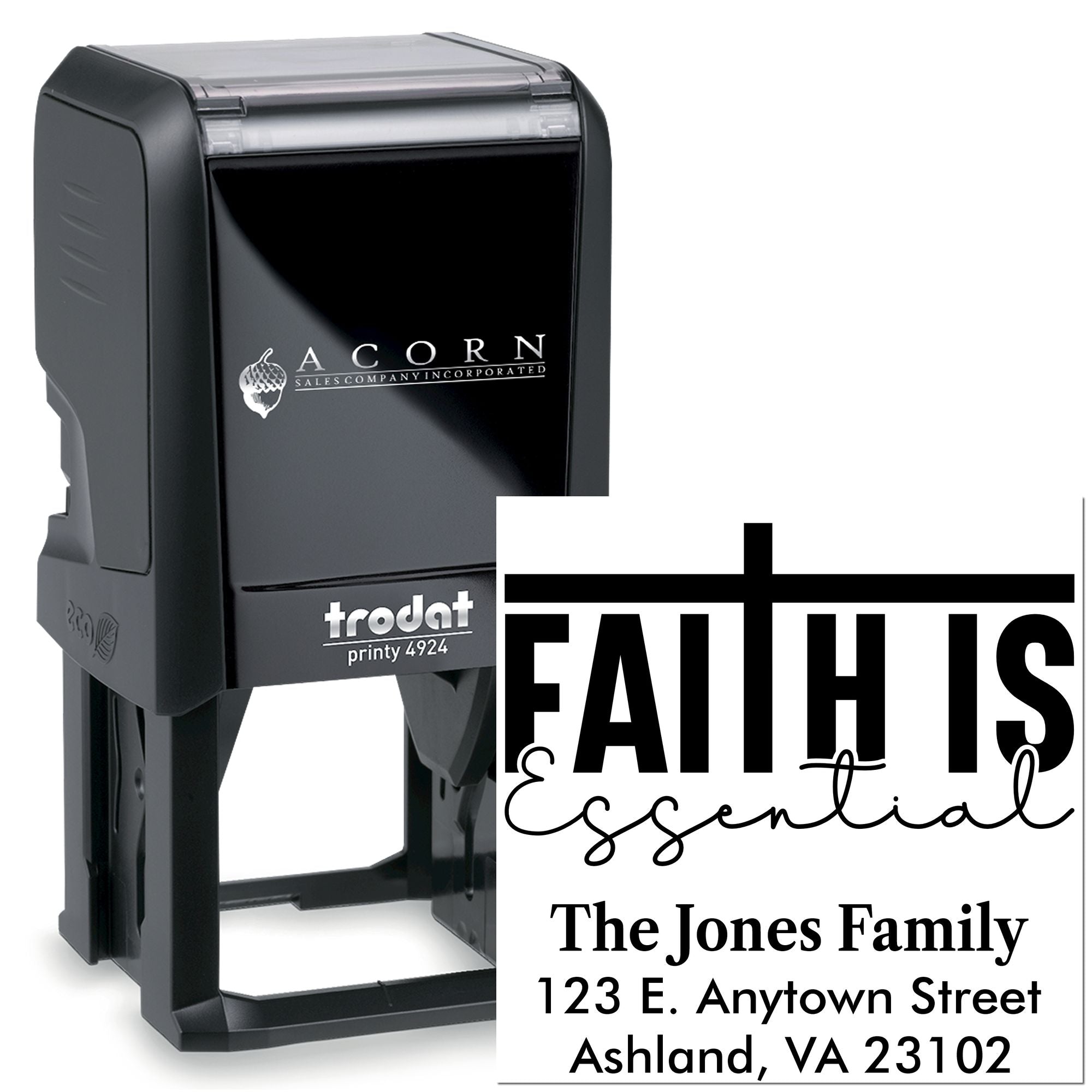 Custom self-inking rubber stamp featuring Faith is Essential and Jones Family return address for religious mailings.