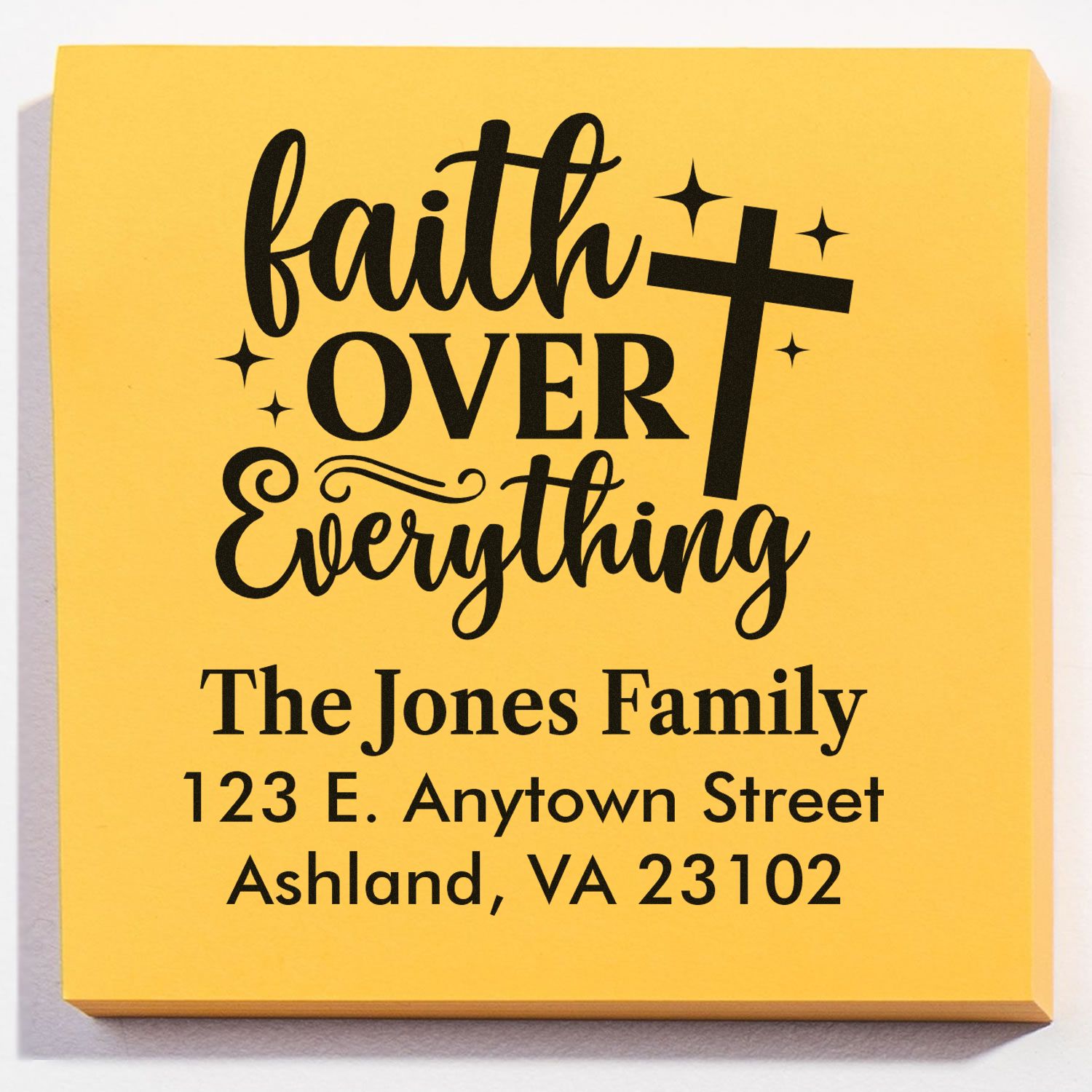 Custom faith over everything return address rubber stamp with personalized family name, street address, and city, state ZIP