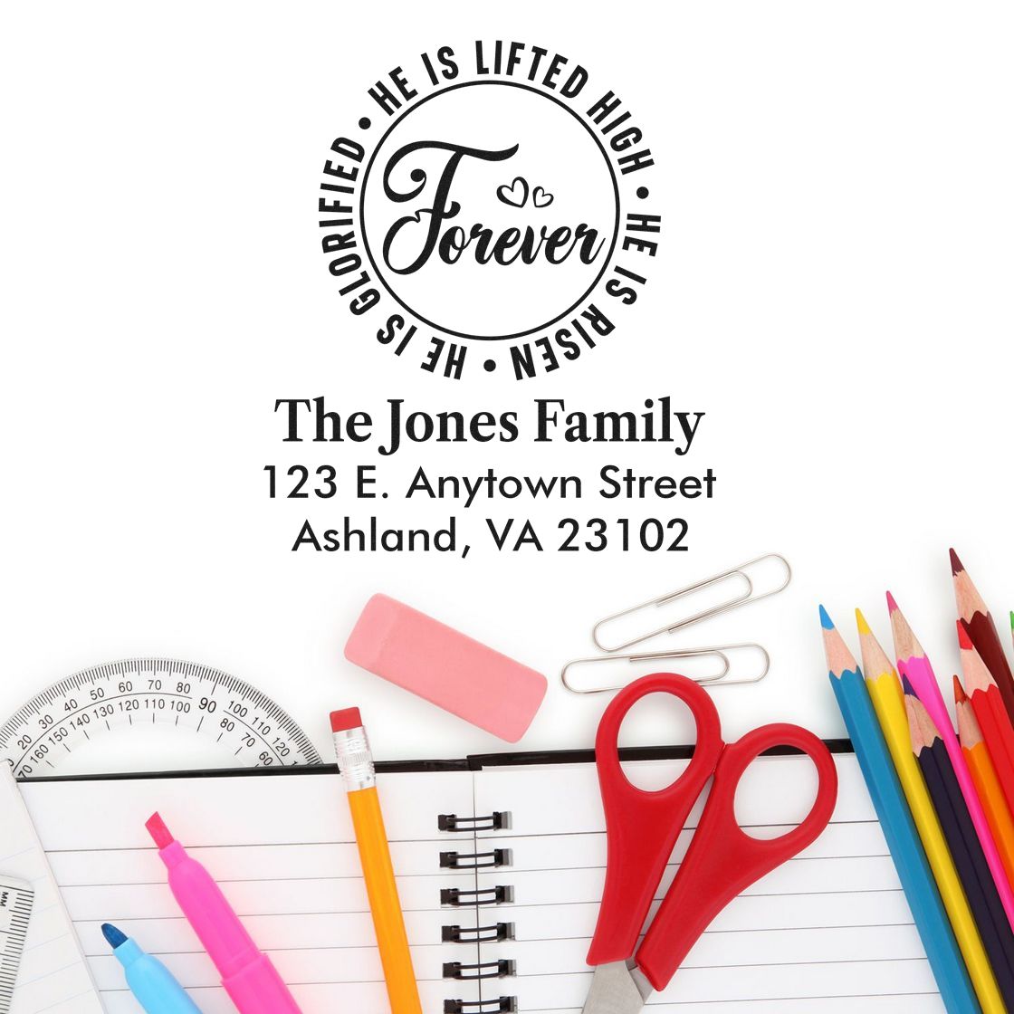 Personalized return address rubber stamp with Christian Forever design for The Jones Family, Ashland, VA