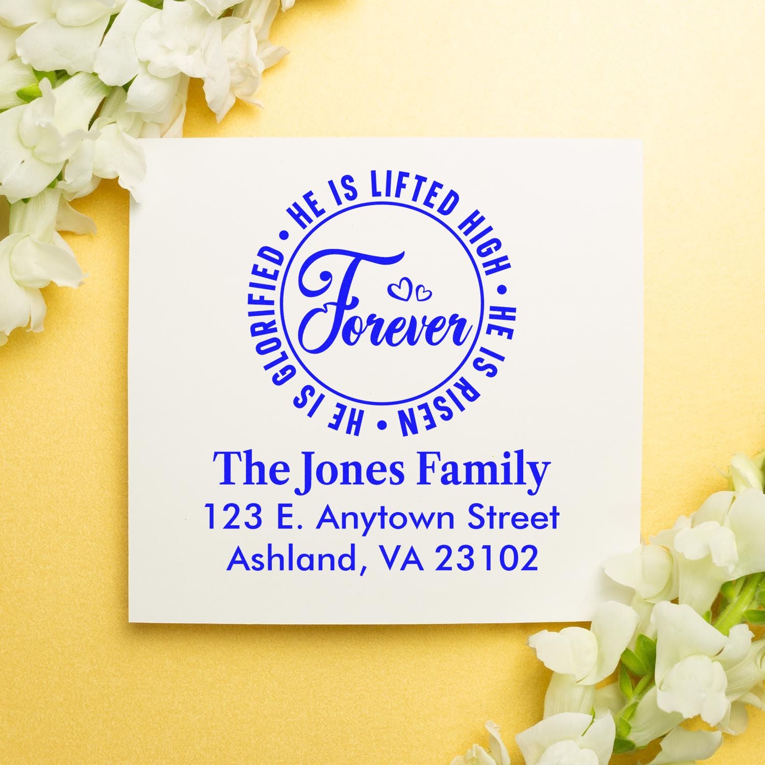 Custom Christian address rubber stamp with He Is Risen design for faith-based family mailings.
