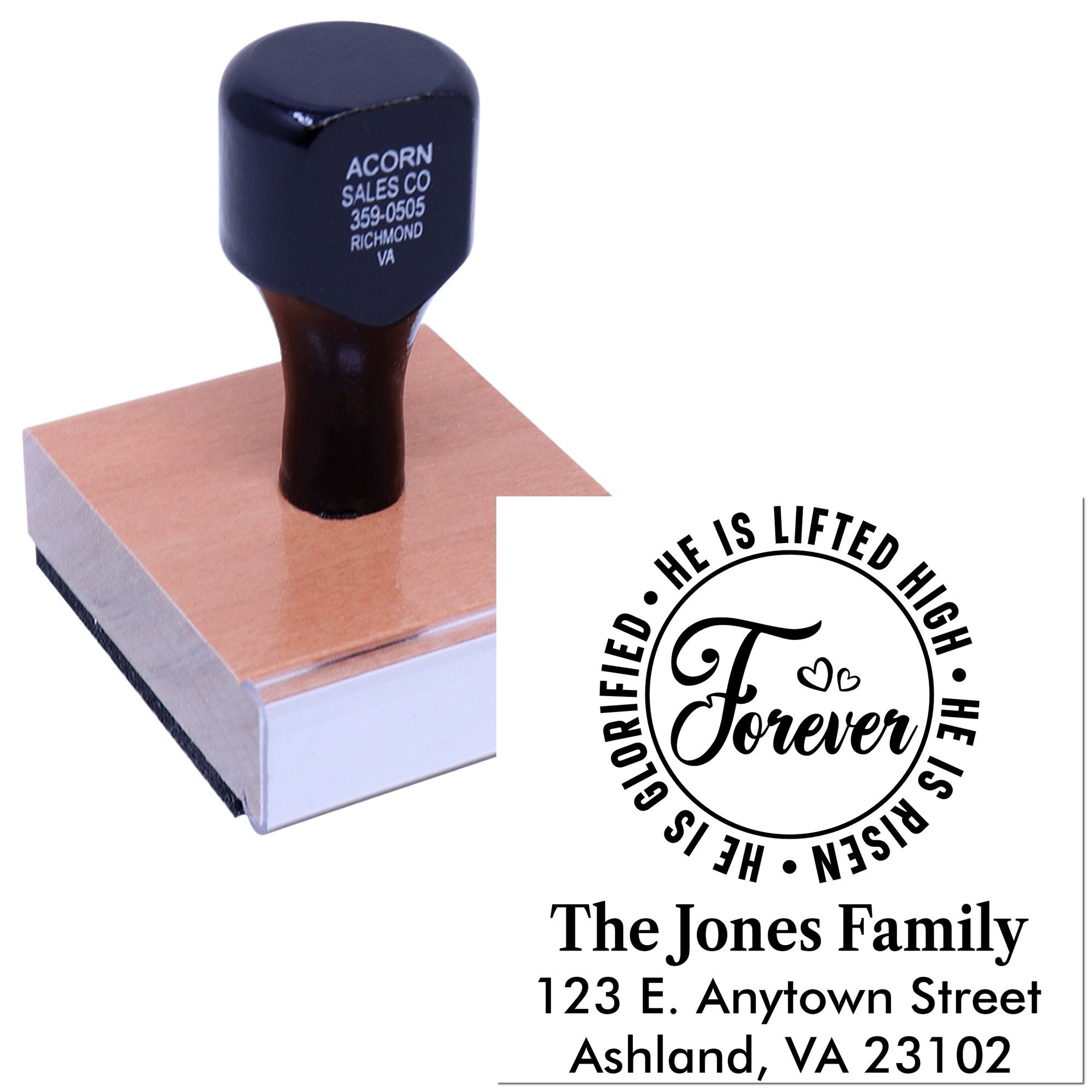 Personalized rubber stamp design with memorial quote, The Jones Family name, and custom return address.