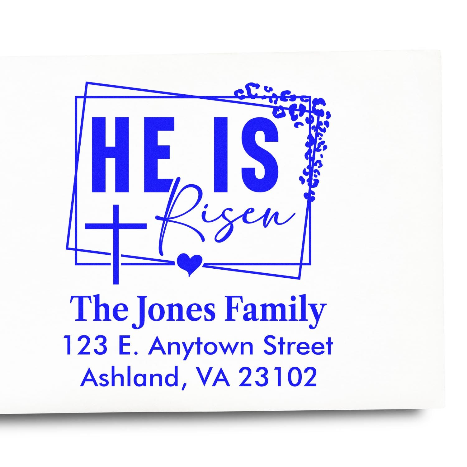 Personalized He Is Risen rubber stamp with cross, heart, family name, and return address for Easter cards and church mailings.