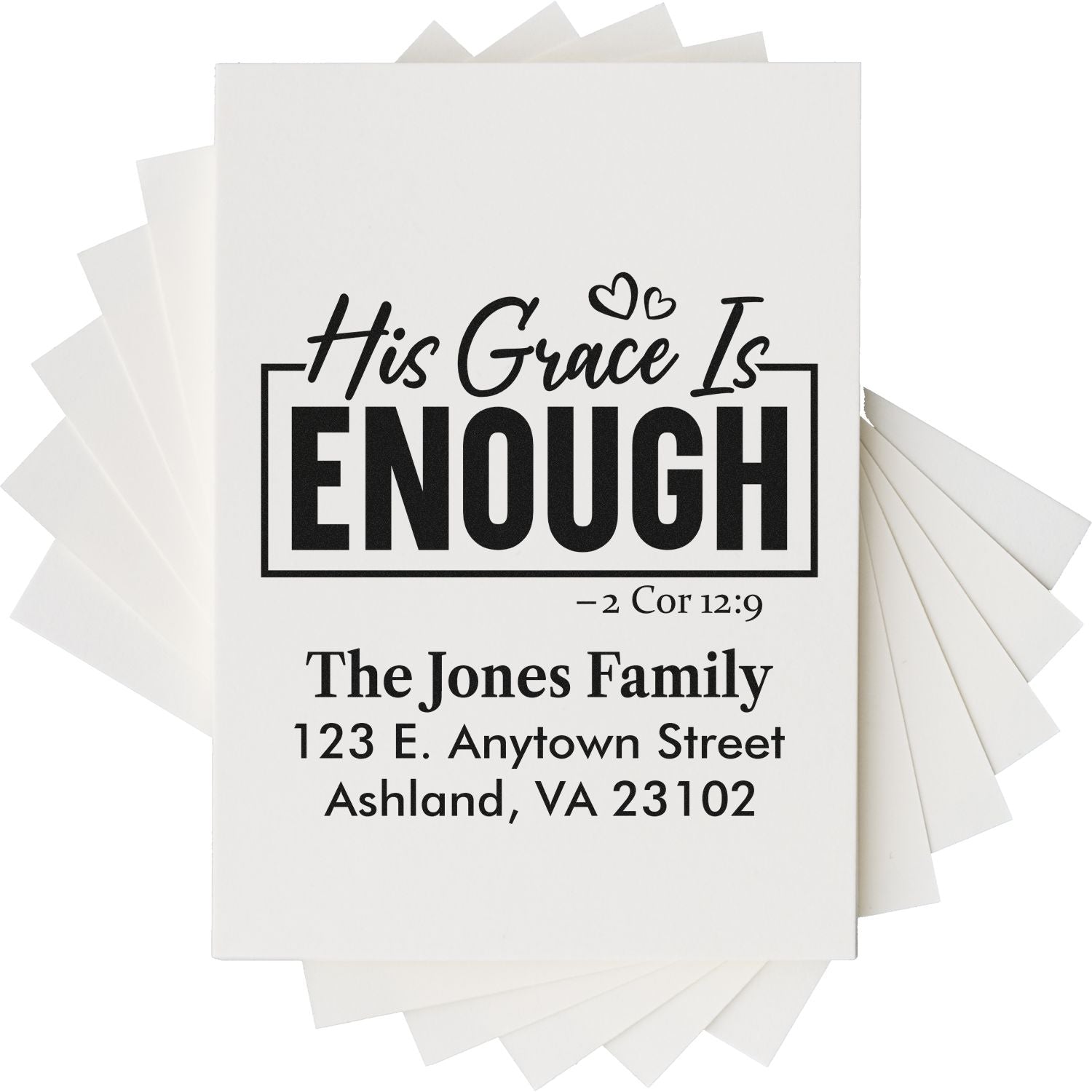 Personalized Christian return address rubber stamp with His Grace Is Enough Bible verse and custom family name and address.