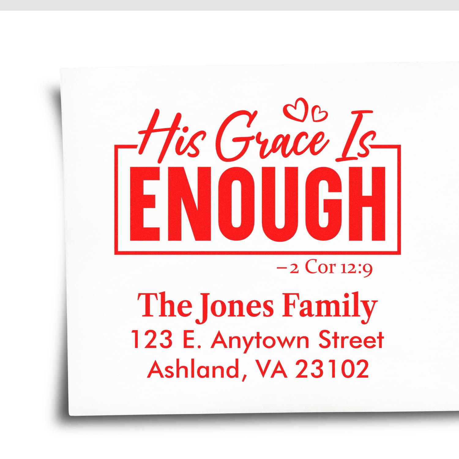 Custom Christian return address rubber stamp with "His Grace Is Enough," 2 Cor. 12:9, family name and mailing address.