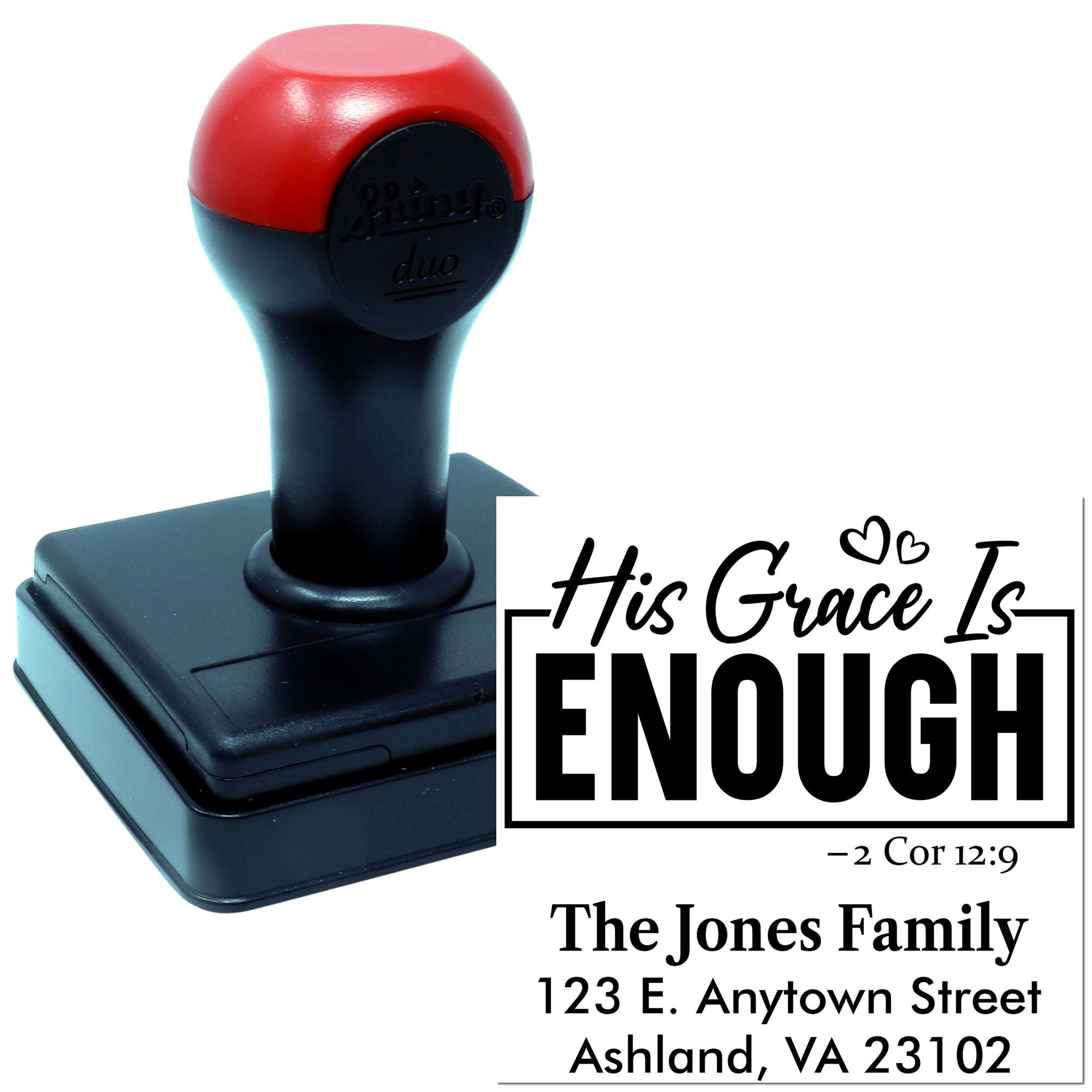 Custom self-inking rubber stamp with His Grace Is Enough Bible verse and family address, perfect for Christian gift mailings.