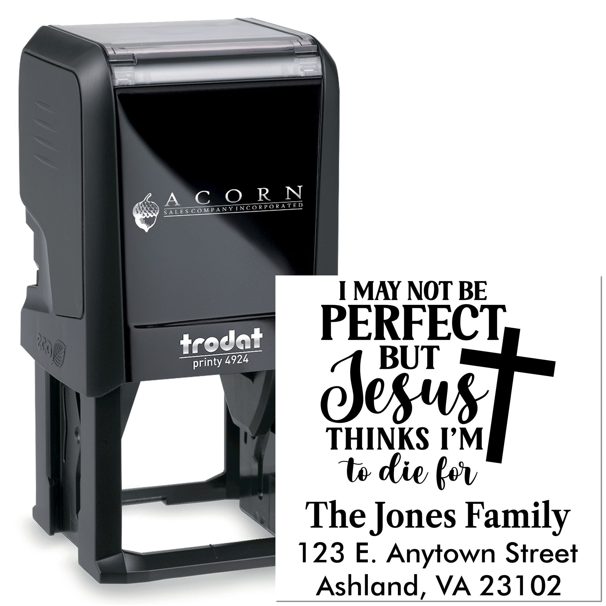 Custom self-inking rubber stamp with Christian cross design and address text for personalized family mailing and return address use.