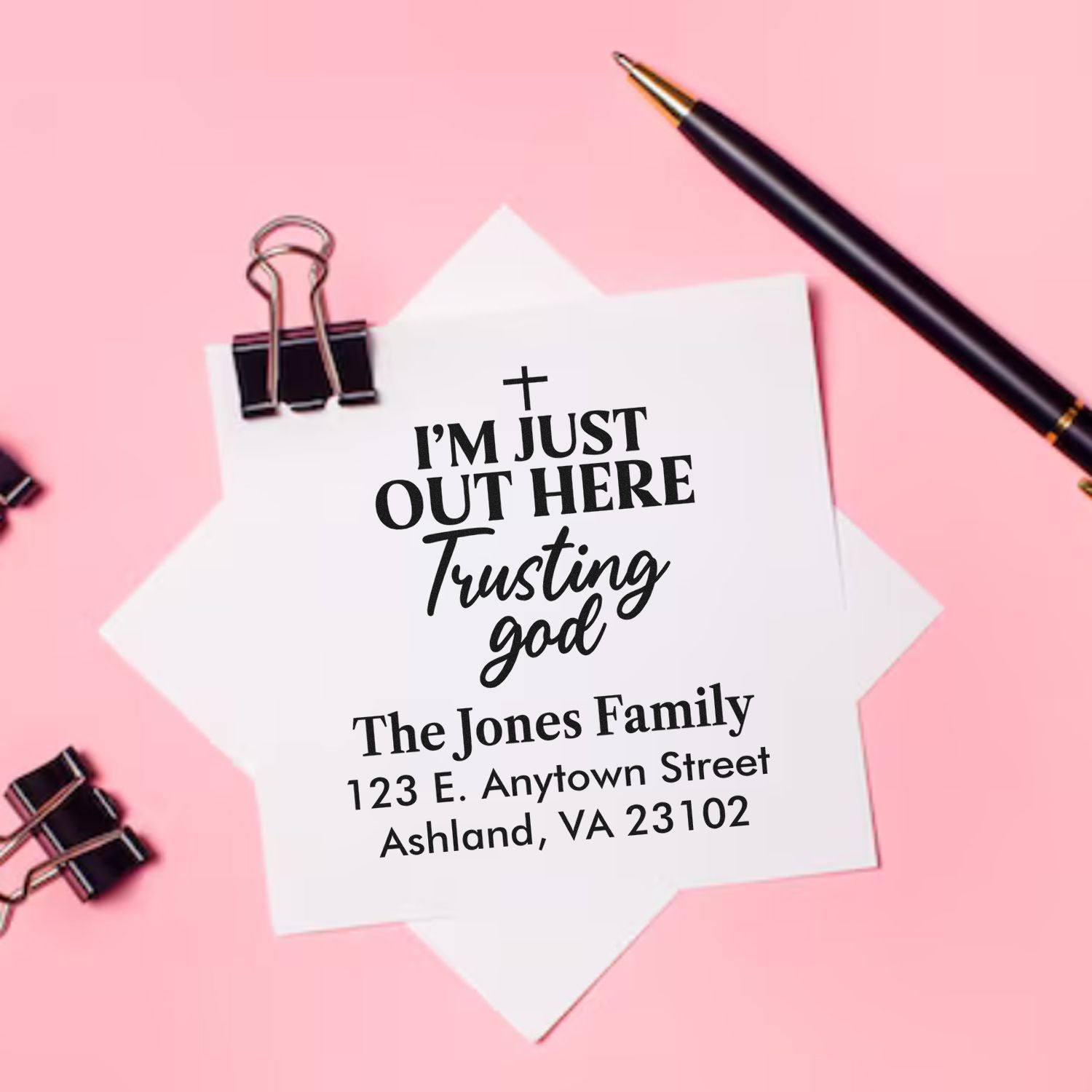 Personalized return address rubber stamp with Christian quote, family name, and mailing address for envelopes.