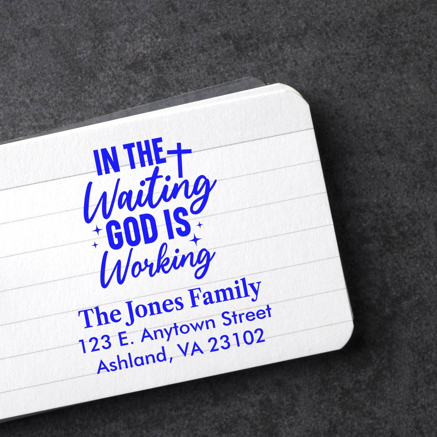 Custom Christian rubber stamp with In the Waiting, God Is Working and family address for personalized stationery.