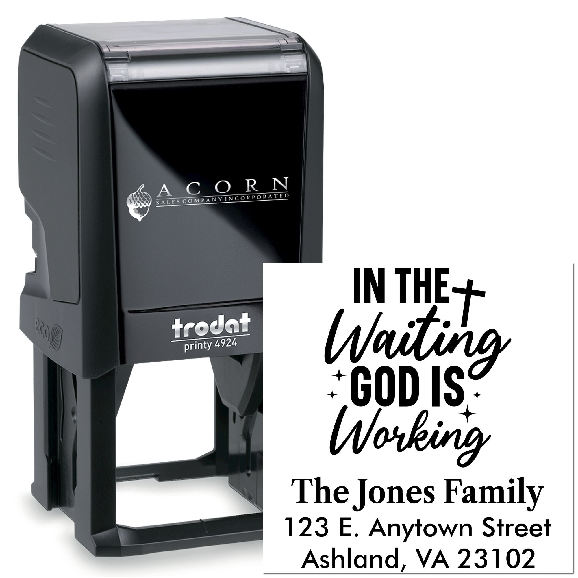 Custom self-inking rubber stamp with faith quote and return address for The Jones Family, Ashland VA
