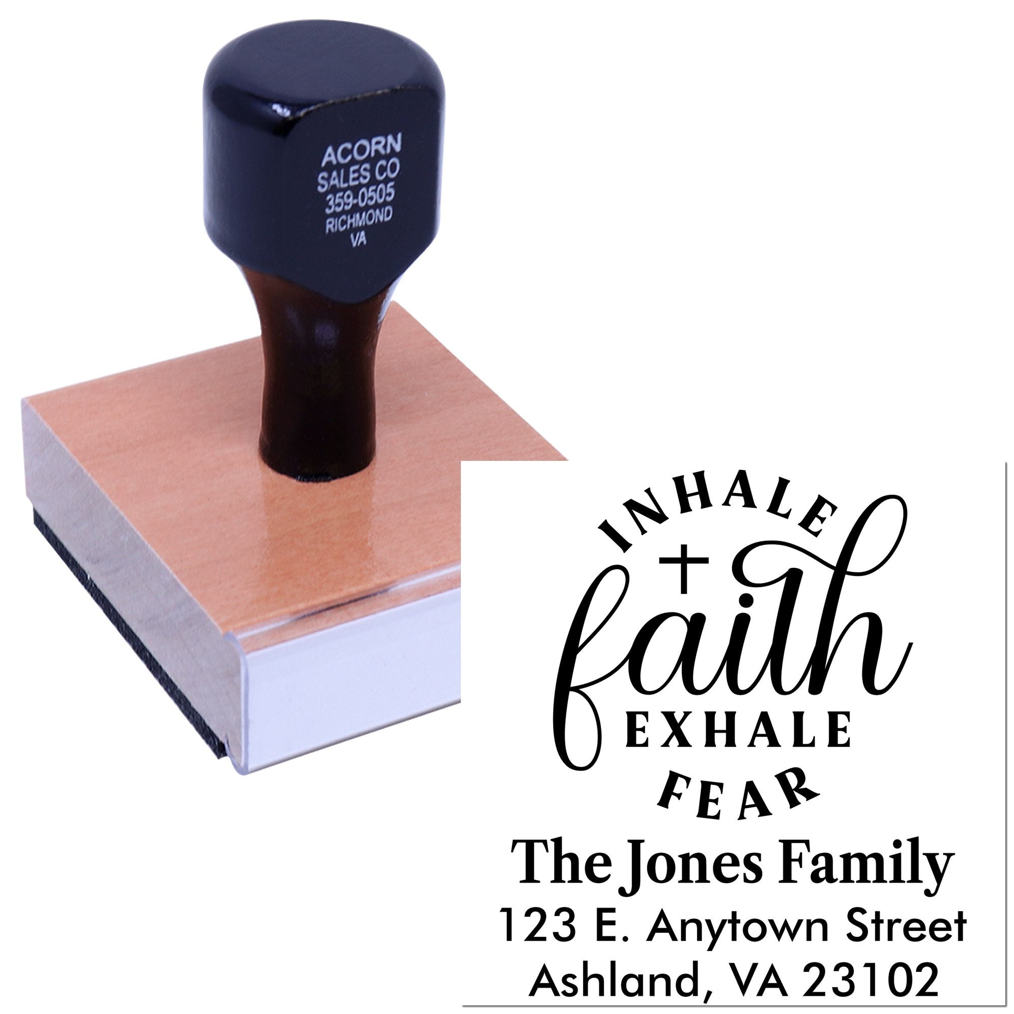 Custom address rubber stamp with Inhale Faith Exhale Fear design for The Jones Family envelopes and invitations.