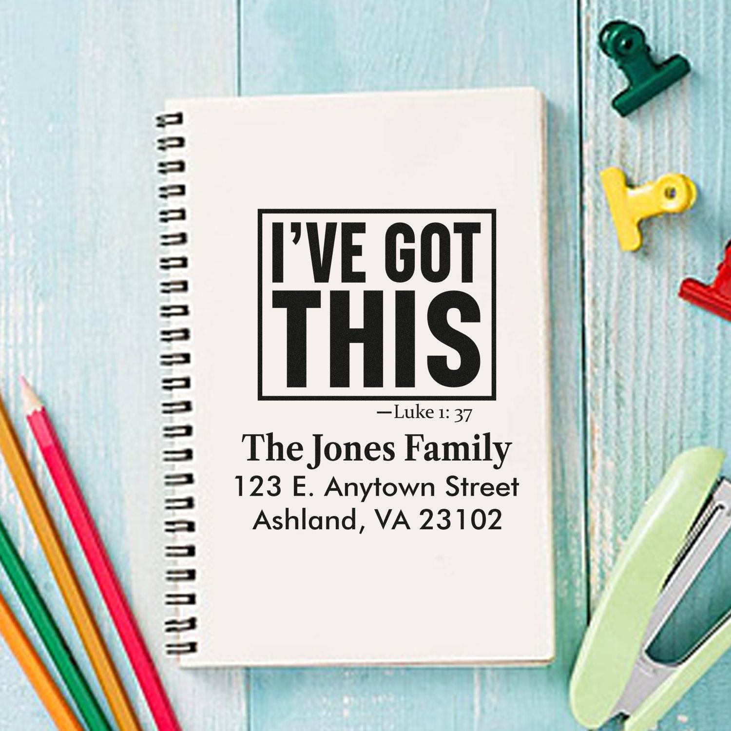 Personalized Christian rubber stamp with Ive Got This Luke 1:37 and family address for custom stationery.