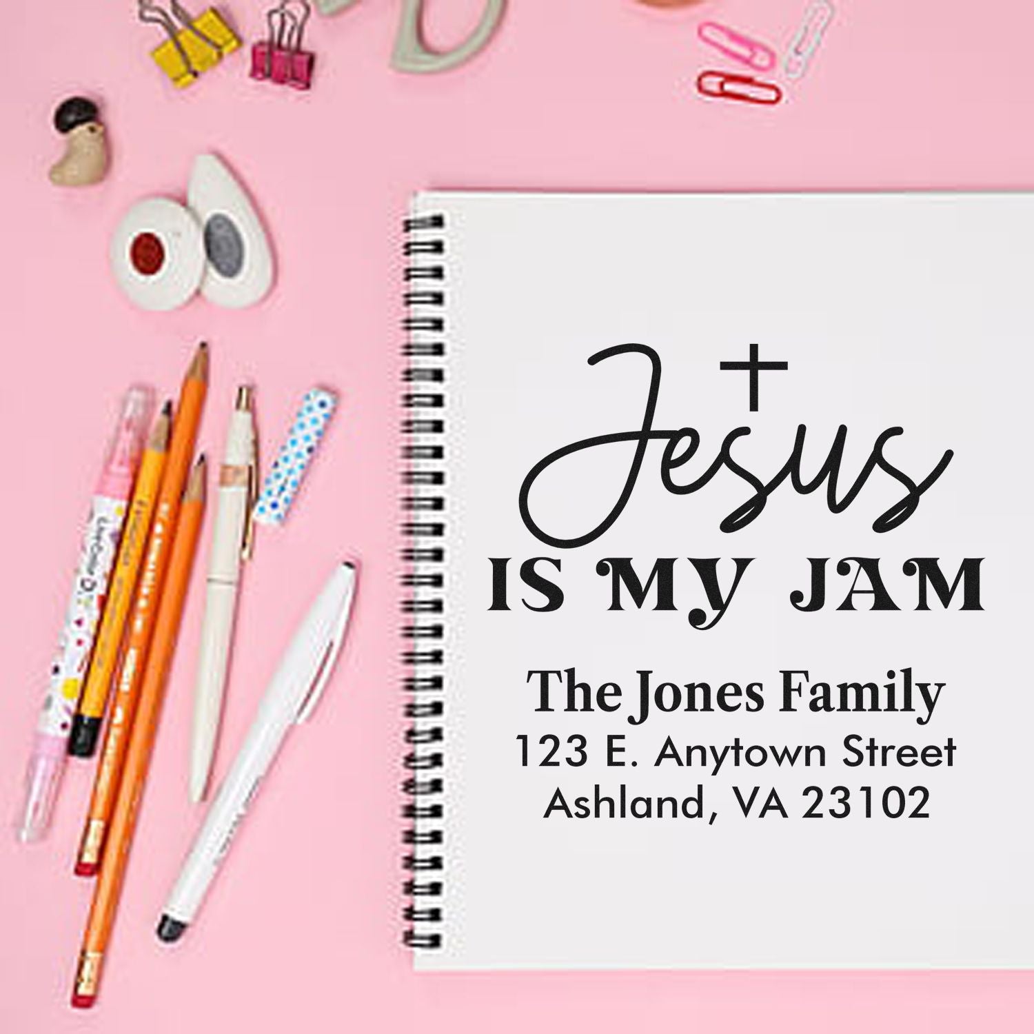 Custom return address rubber stamp with Jesus is my Jam design for personalized Christian stationery.