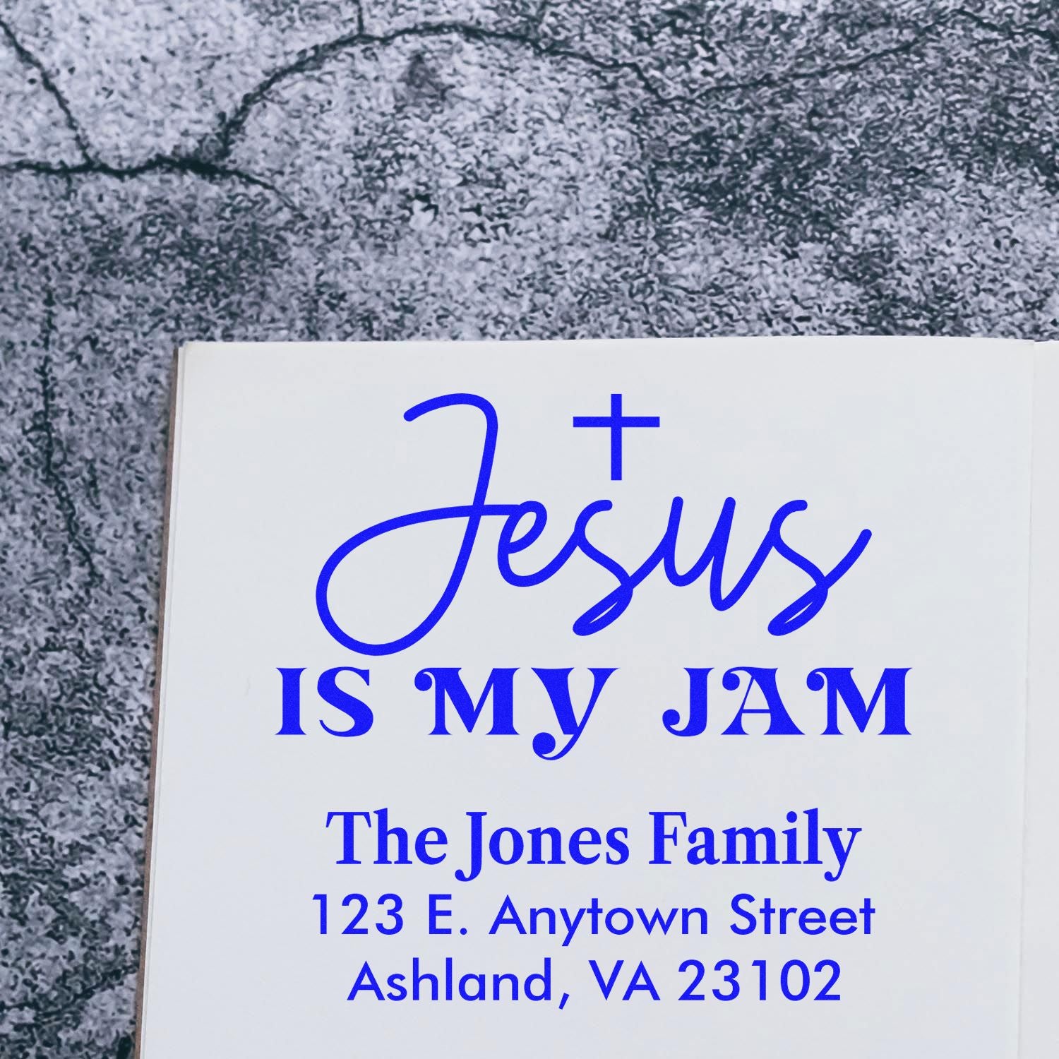 Personalized rubber stamp design reading Jesus Is My Jam with The Jones Family name and address.