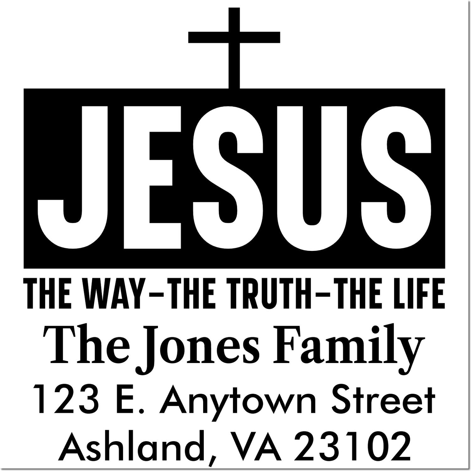 Custom Christian family address rubber stamp with cross, JESUS, and The Jones Family, Ashland, VA 23102.