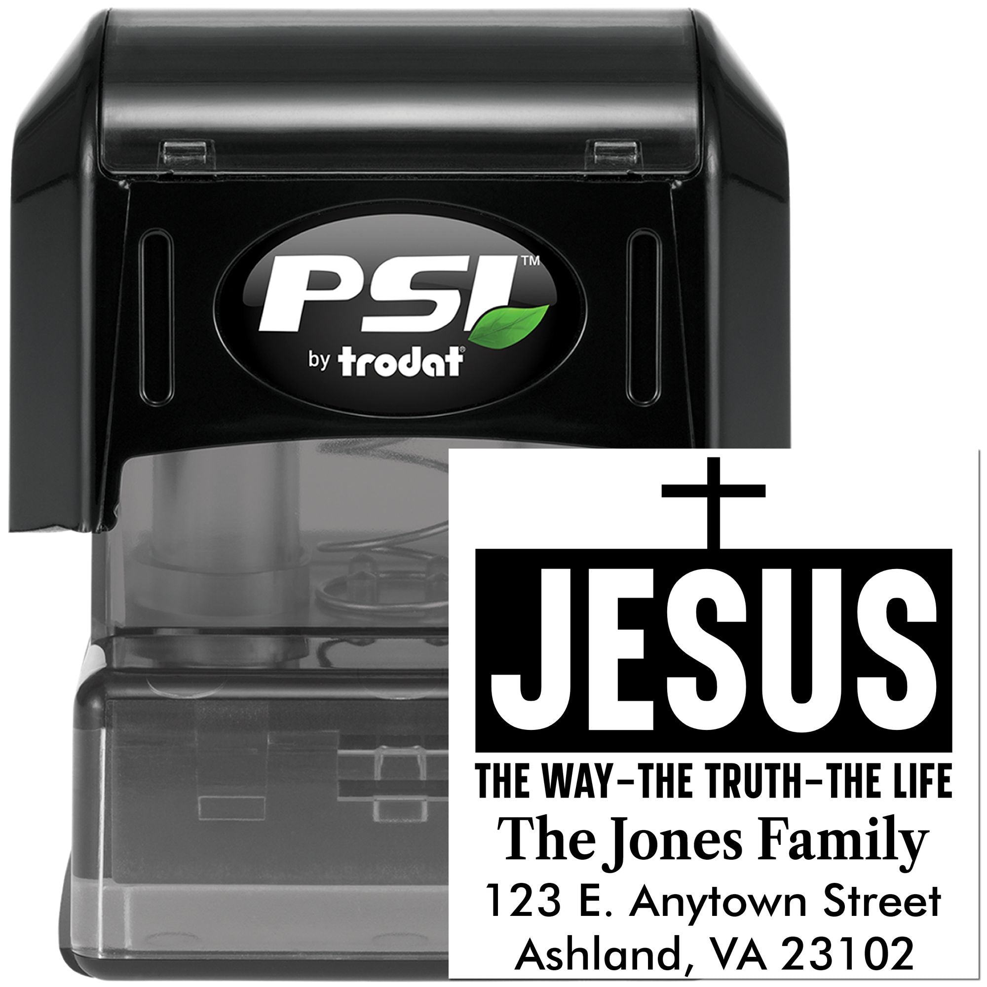 PSI by Trodat self-inking custom address stamp with Jesus quote, family name, and mailing address