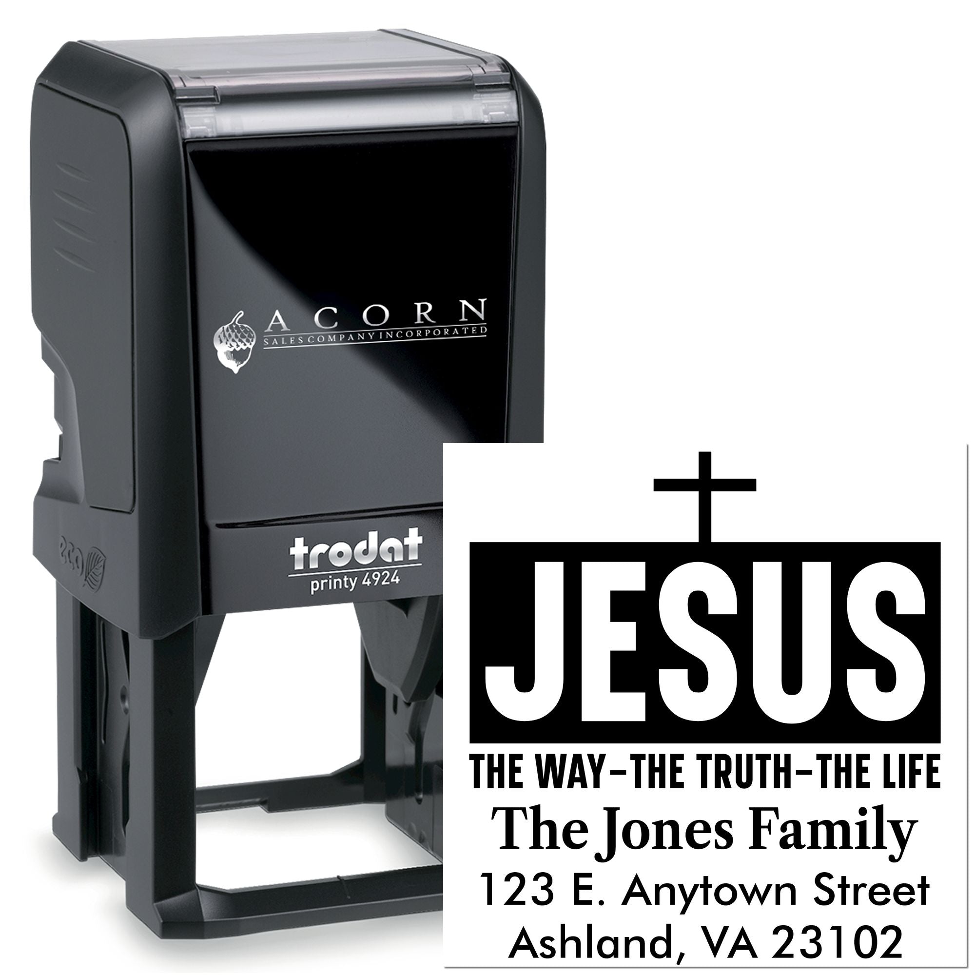 Custom Trodat self-inking rubber stamp with Jesus cross logo, family name, and address for church mailings.