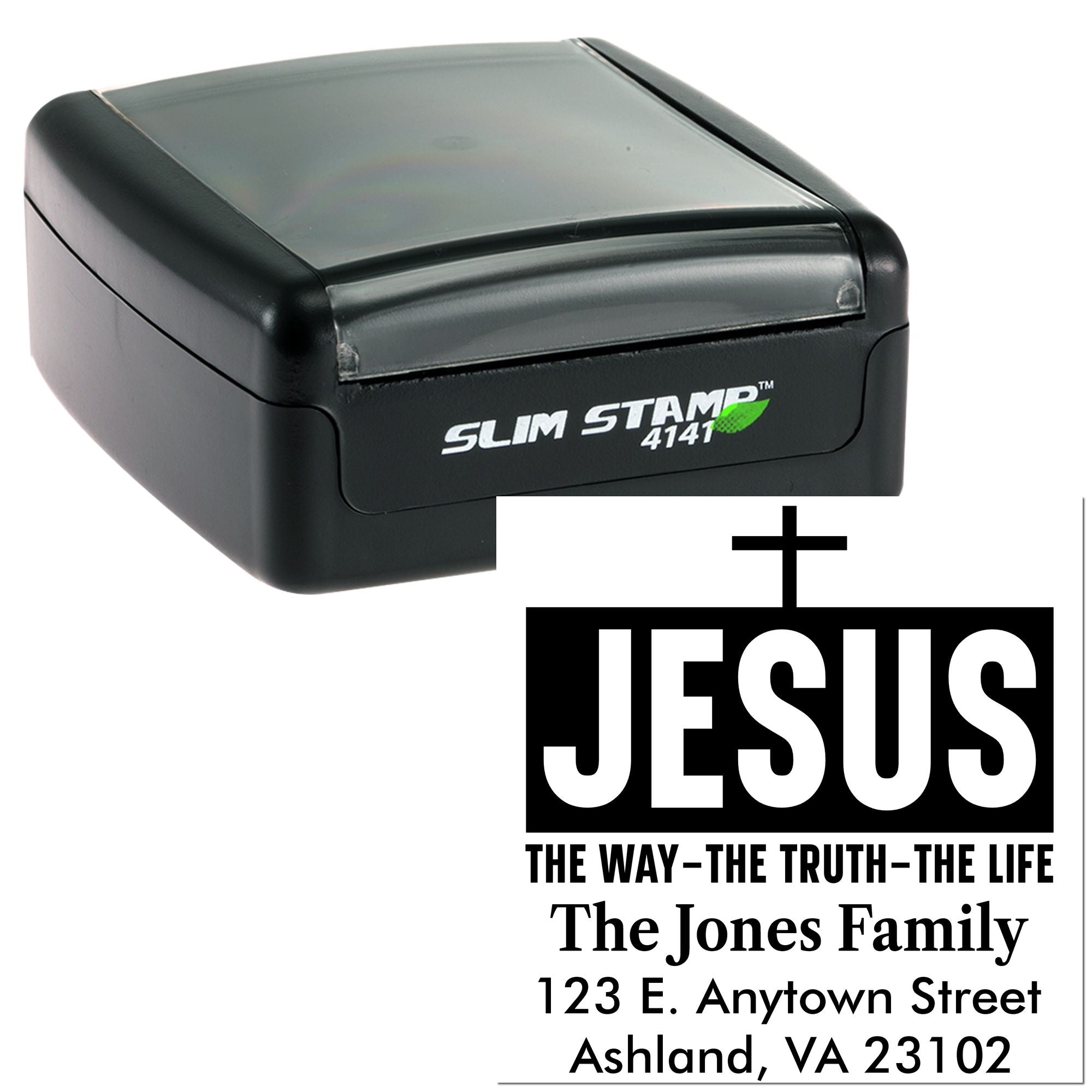 Custom self-inking rubber stamp with Jesus design, family name, and address for Christian mailing.