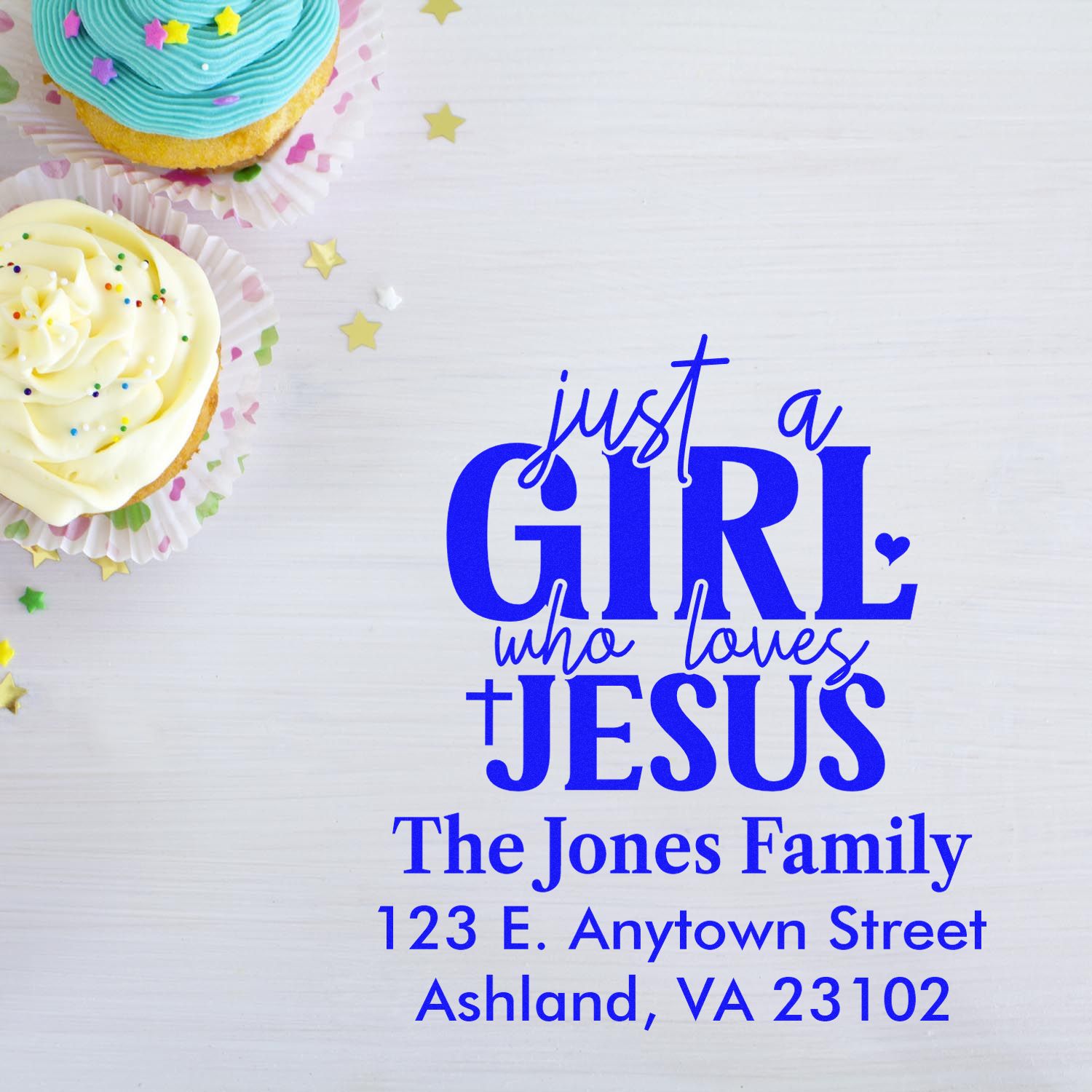 Custom Christian rubber stamp design reading Just a Girl Who Loves Jesus, personalized with family name and address.
