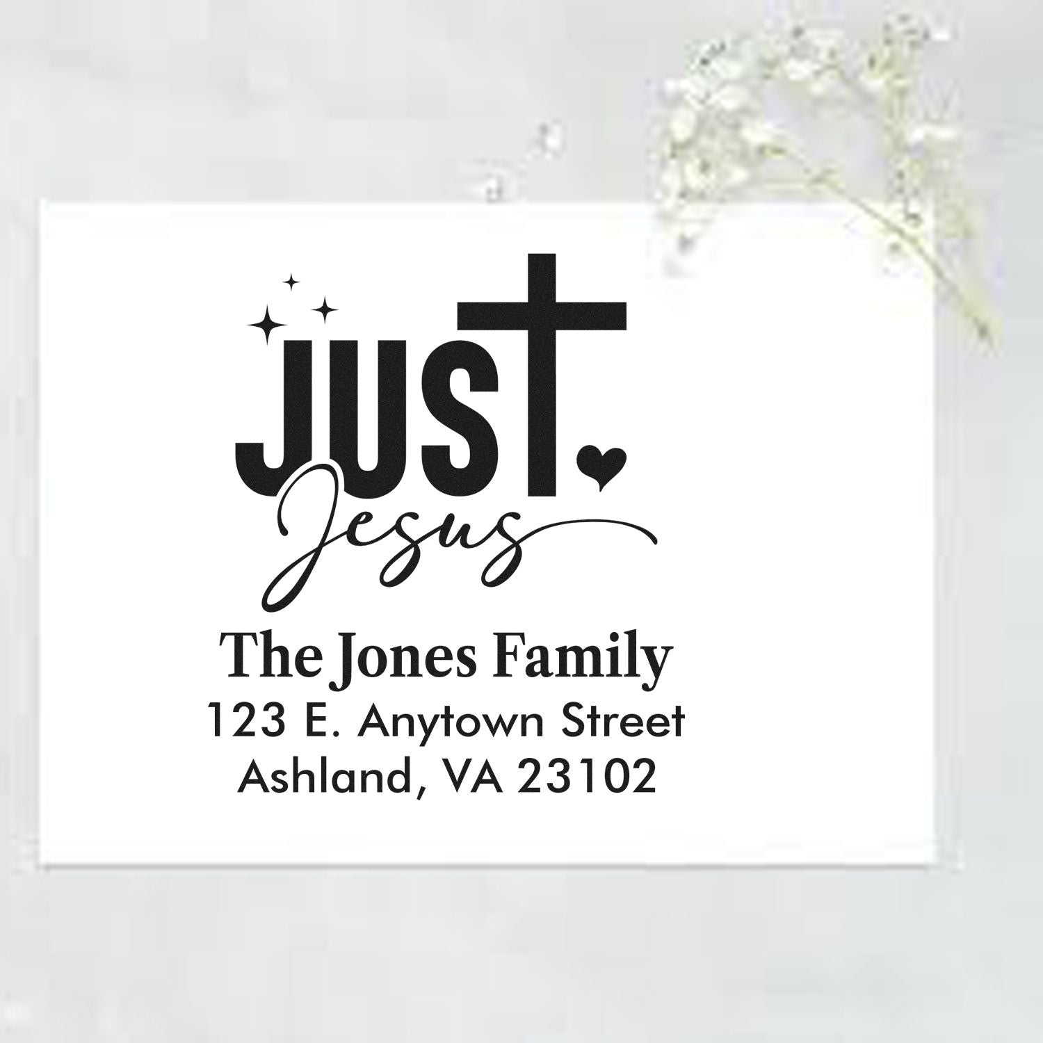 Custom Christian return address rubber stamp with Just Jesus design for the Jones Family, perfect for cards, mail, and gifts.